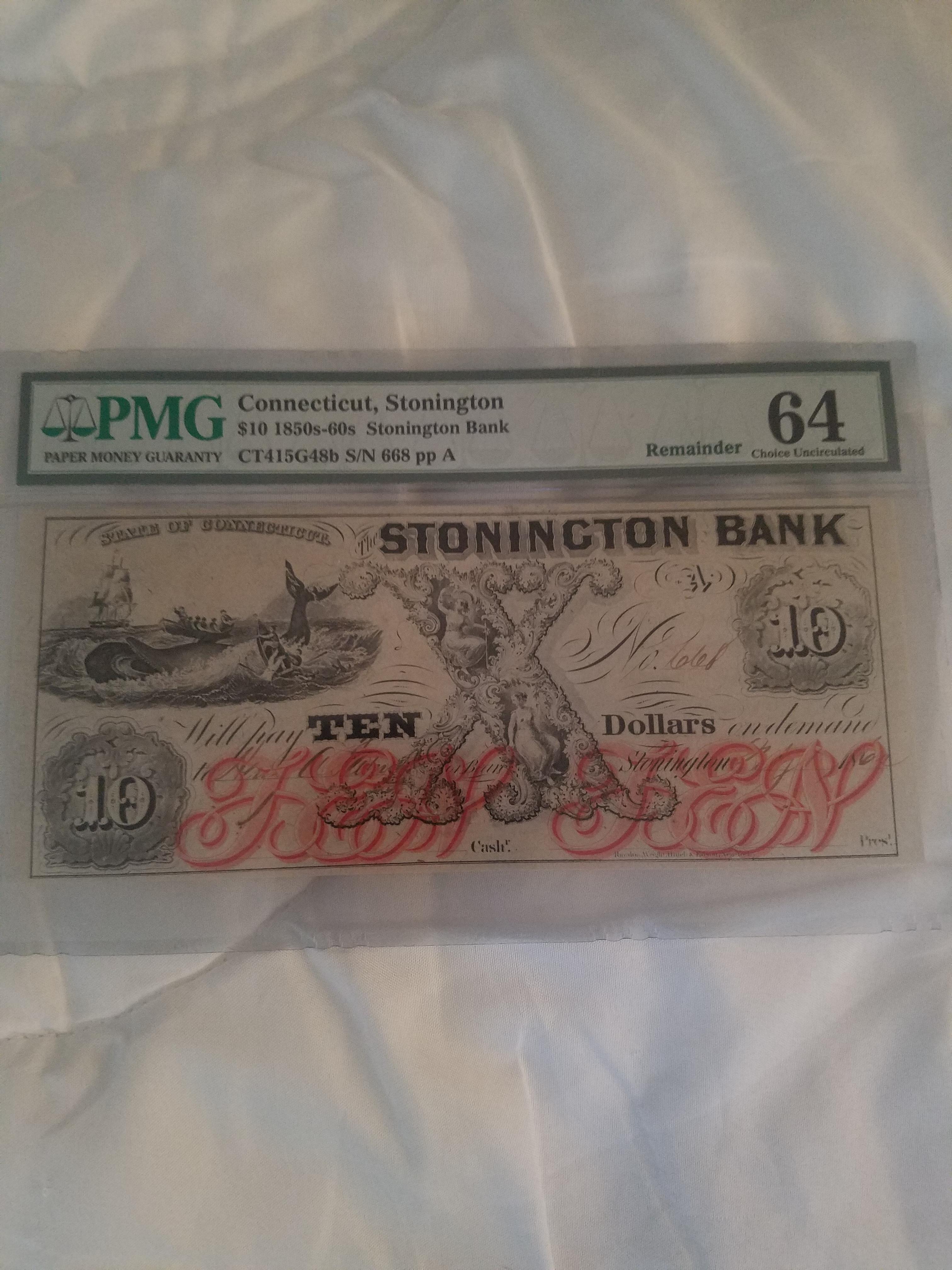 1860's Stonington Bank, CT 10 Bill r/papermoney