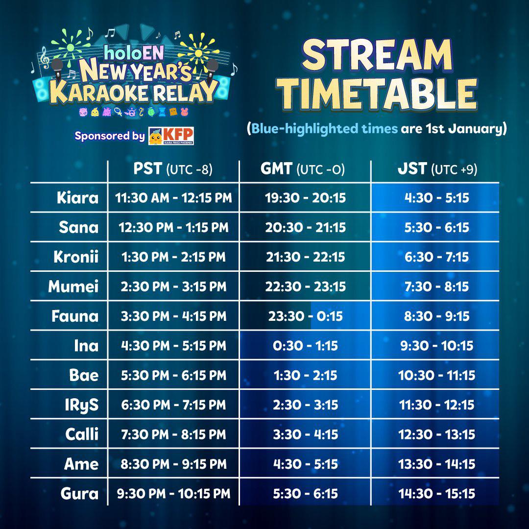Schedule For the Holo EN Karaoke Stream! Everybody is participating