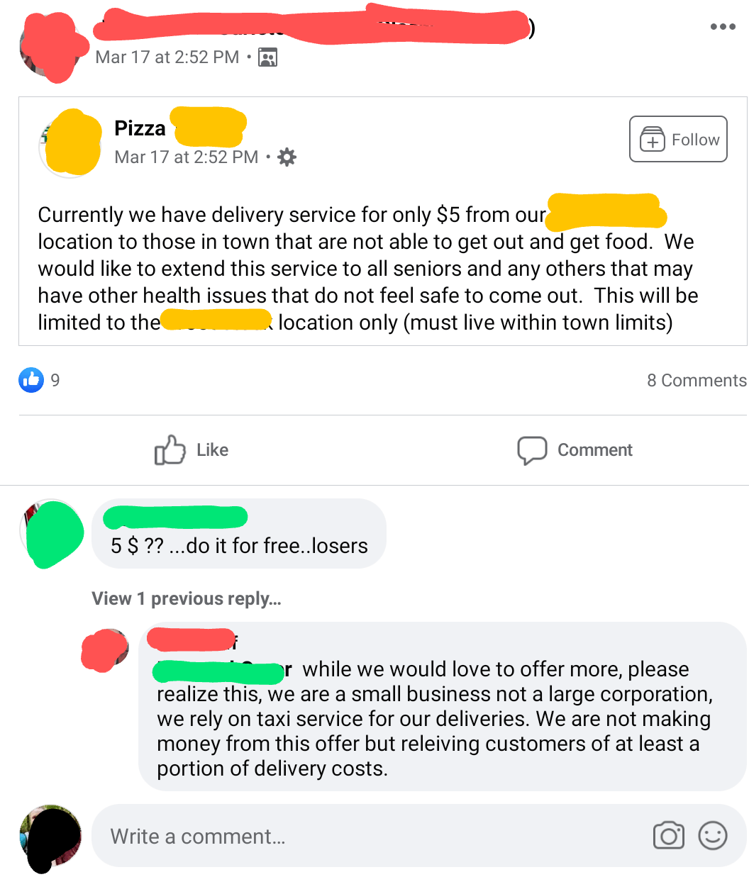 Small pizza business offers 5 delivery fee to help keep people fed