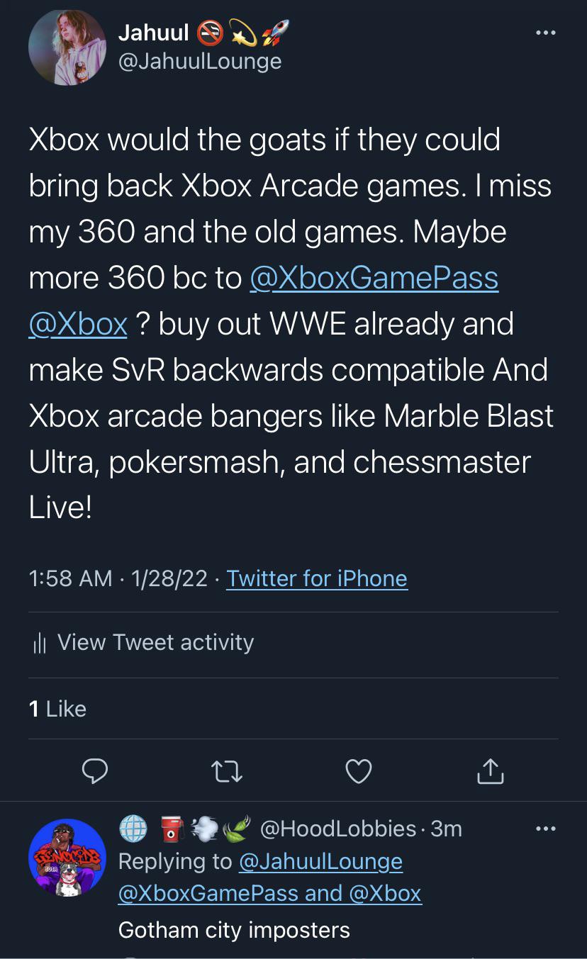 WWE for backwards compatibility or Gamepass // Also Bring back Xbox