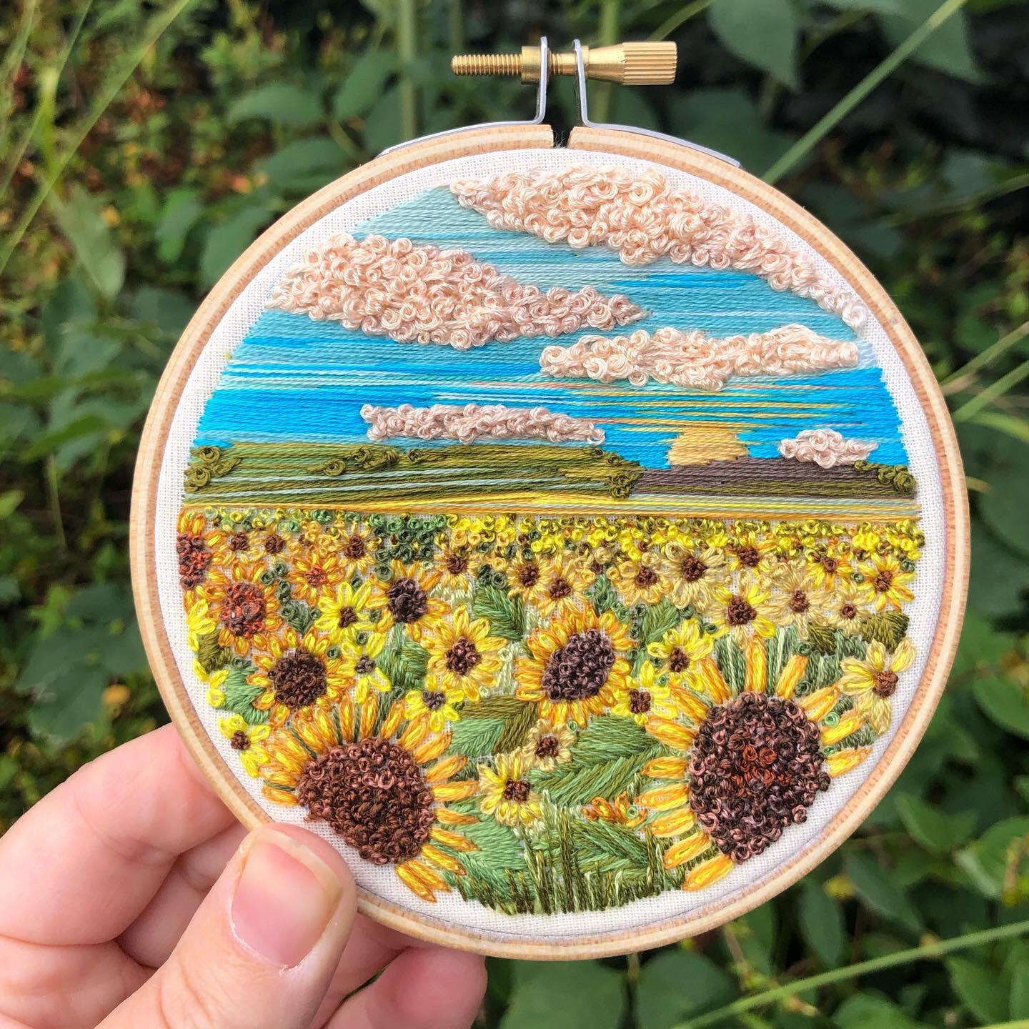Finished Summer Sunflower Field. Hand embroidered, mainly done with two
