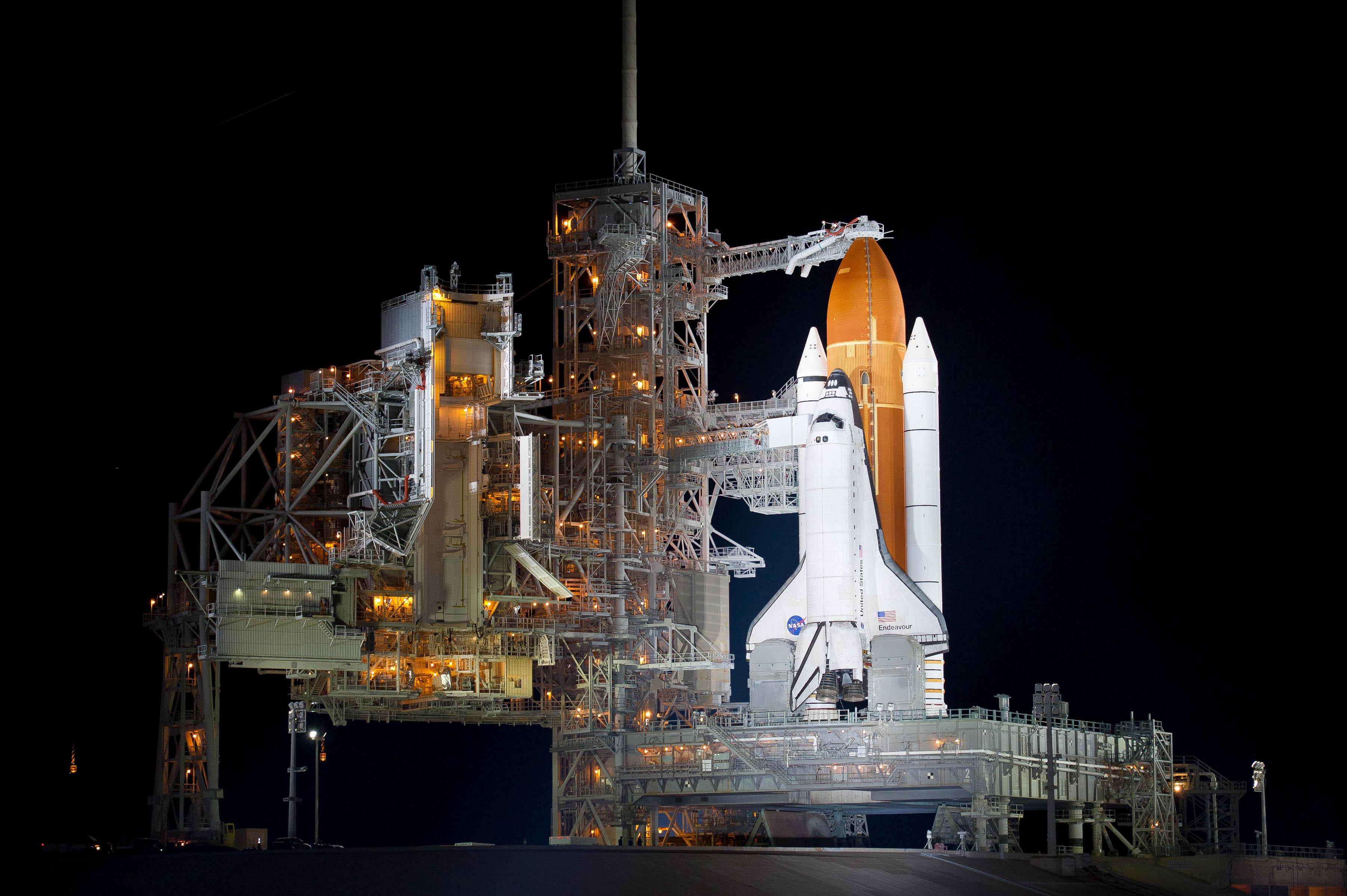 NASA's Space Shuttle Endeavour (STS134), photographed on 29 April 2011, sits on Launch Pad 39A
