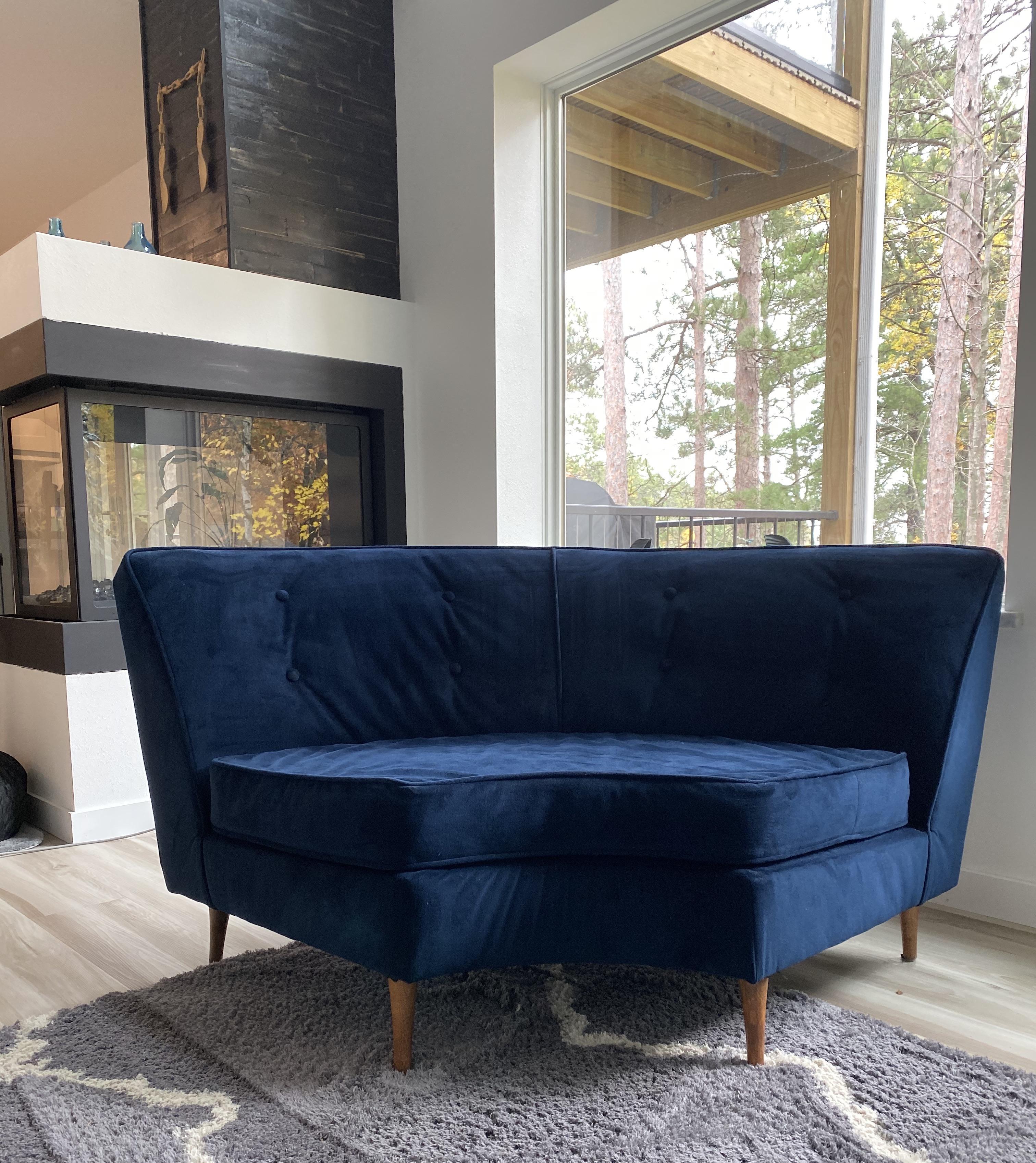 MCM 50’s? 60’s? Sofette a friend gave me that I had reupholstered in dark blue velvet West Elm