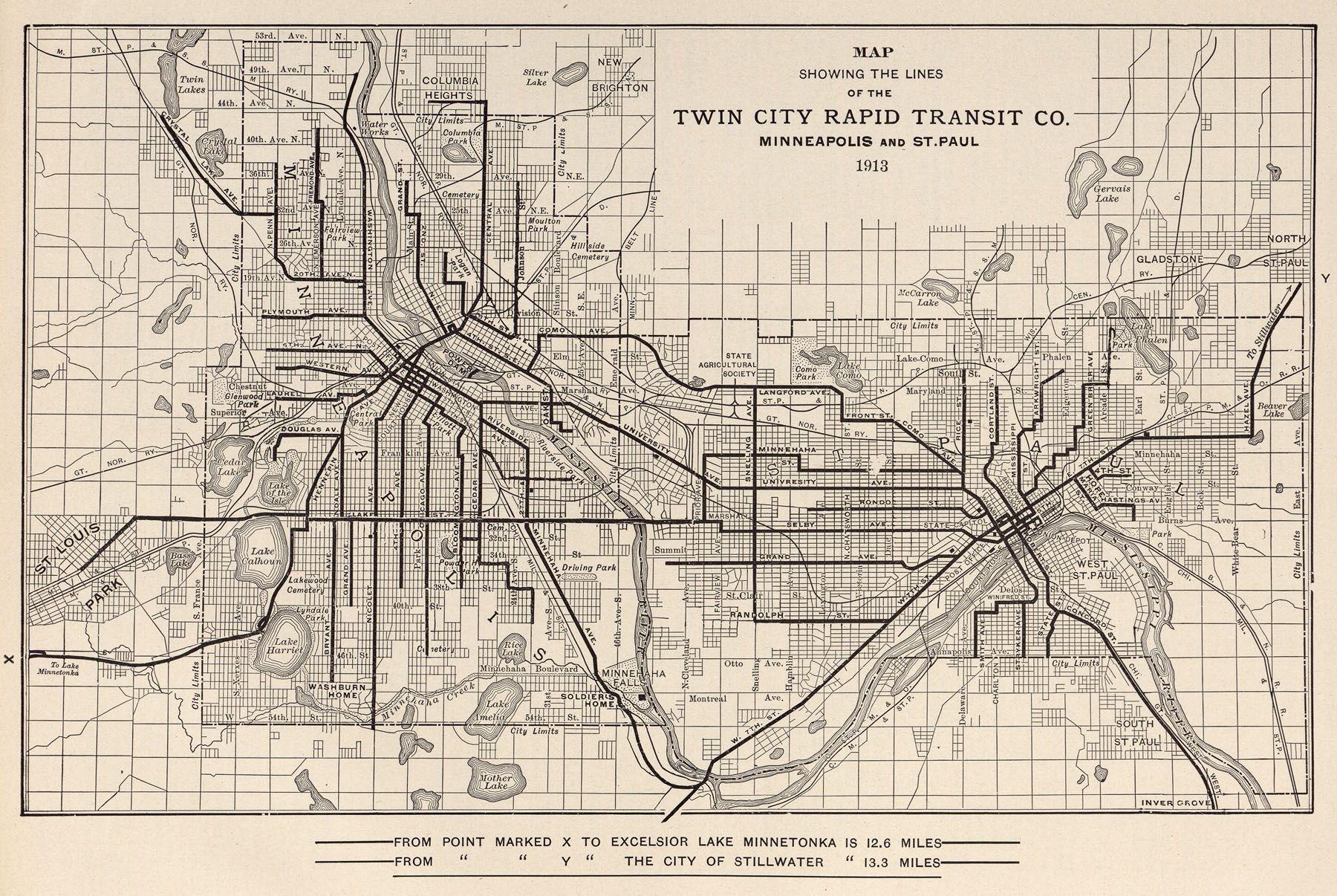 An old streetcar map from 1913 from the Twin Cities metro in Minnesota. Comparing it to our