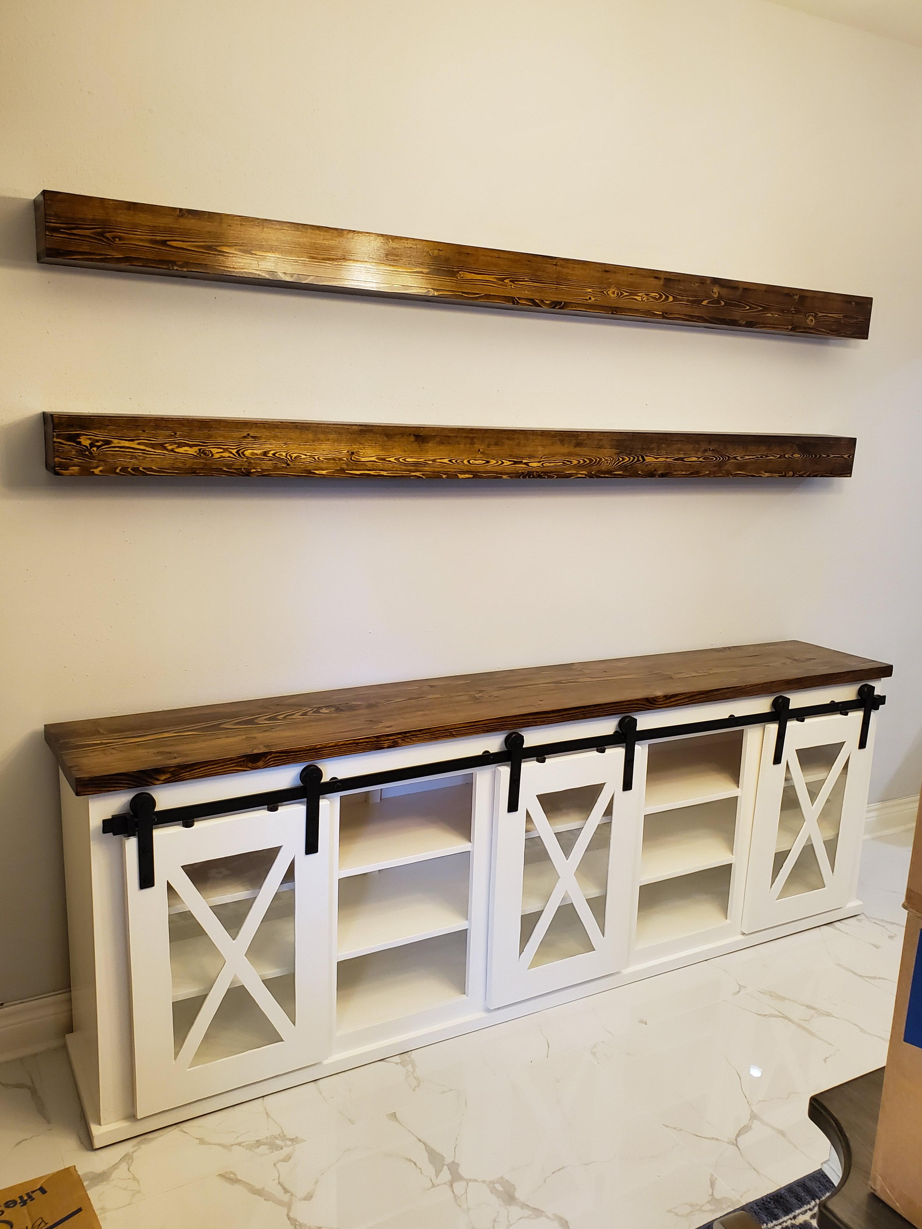 I'm so pleased how this 8ft long sliding glass door console and matching floating shelves turned