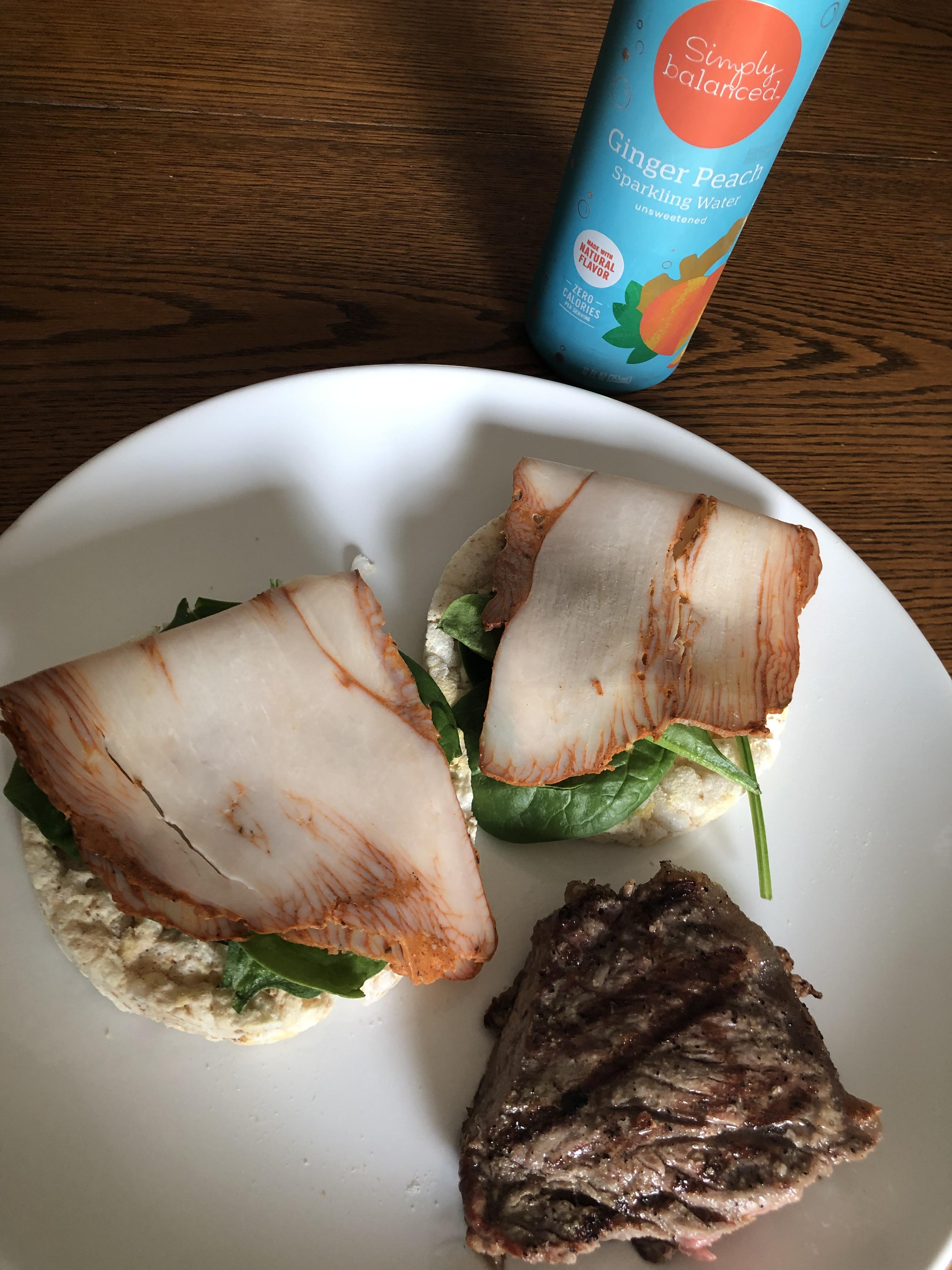 360ish cal lunch! Turkey on white cheddar rice cakes is my new goto