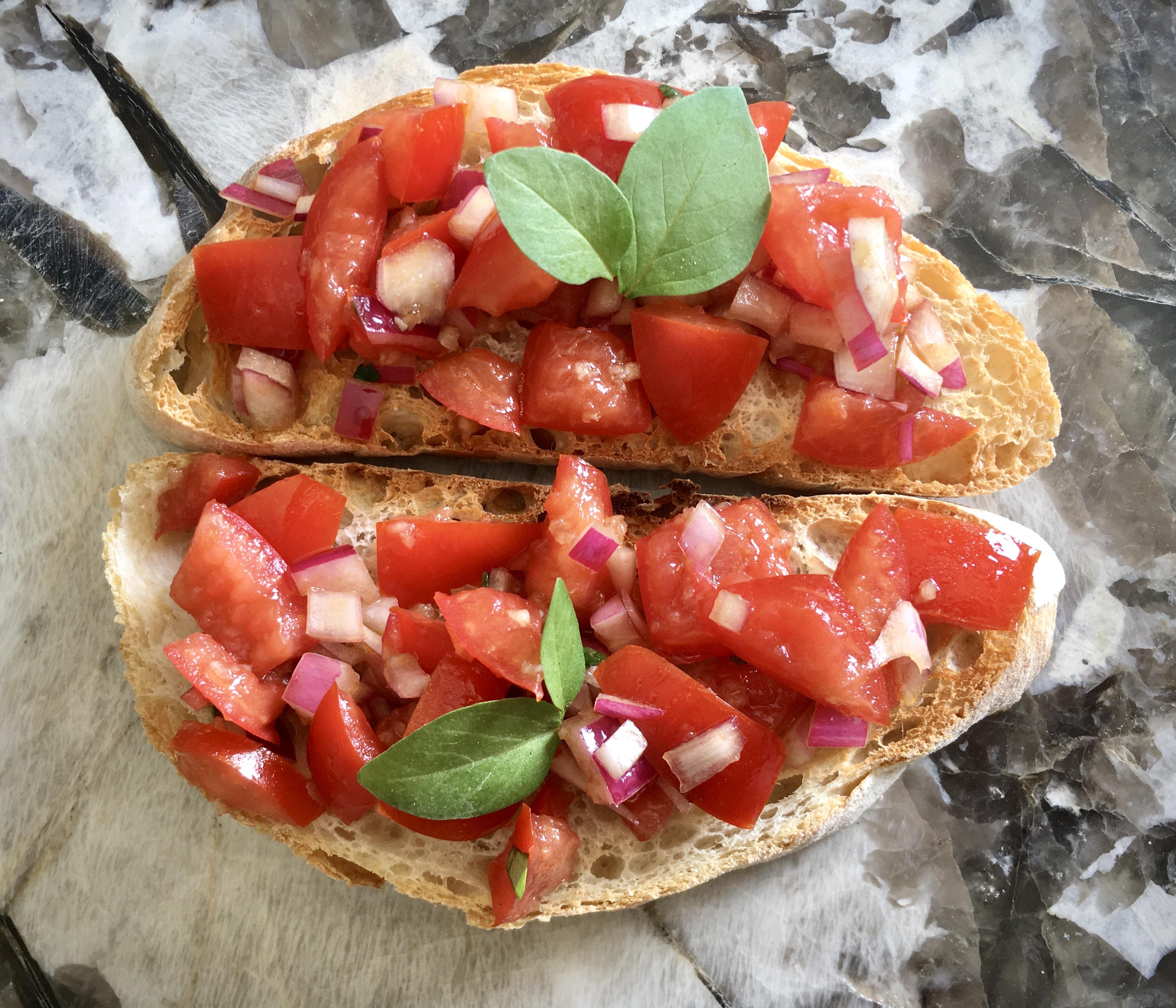 Tomato and Red Onion Bruschetta with Basil and a Balsamic Vinegar