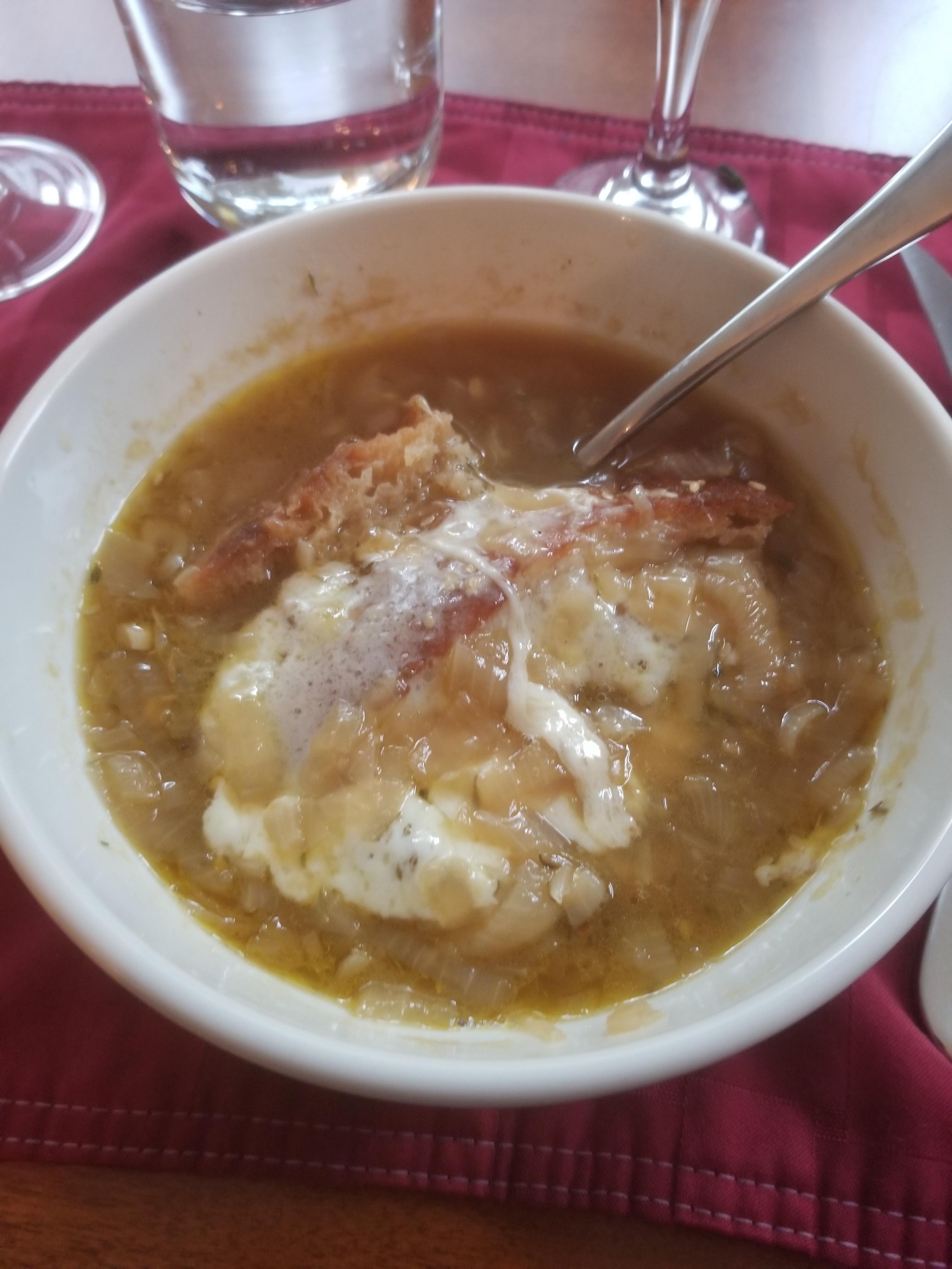 Onion soup from food Lab with homemade sourdough crouton. Delish r