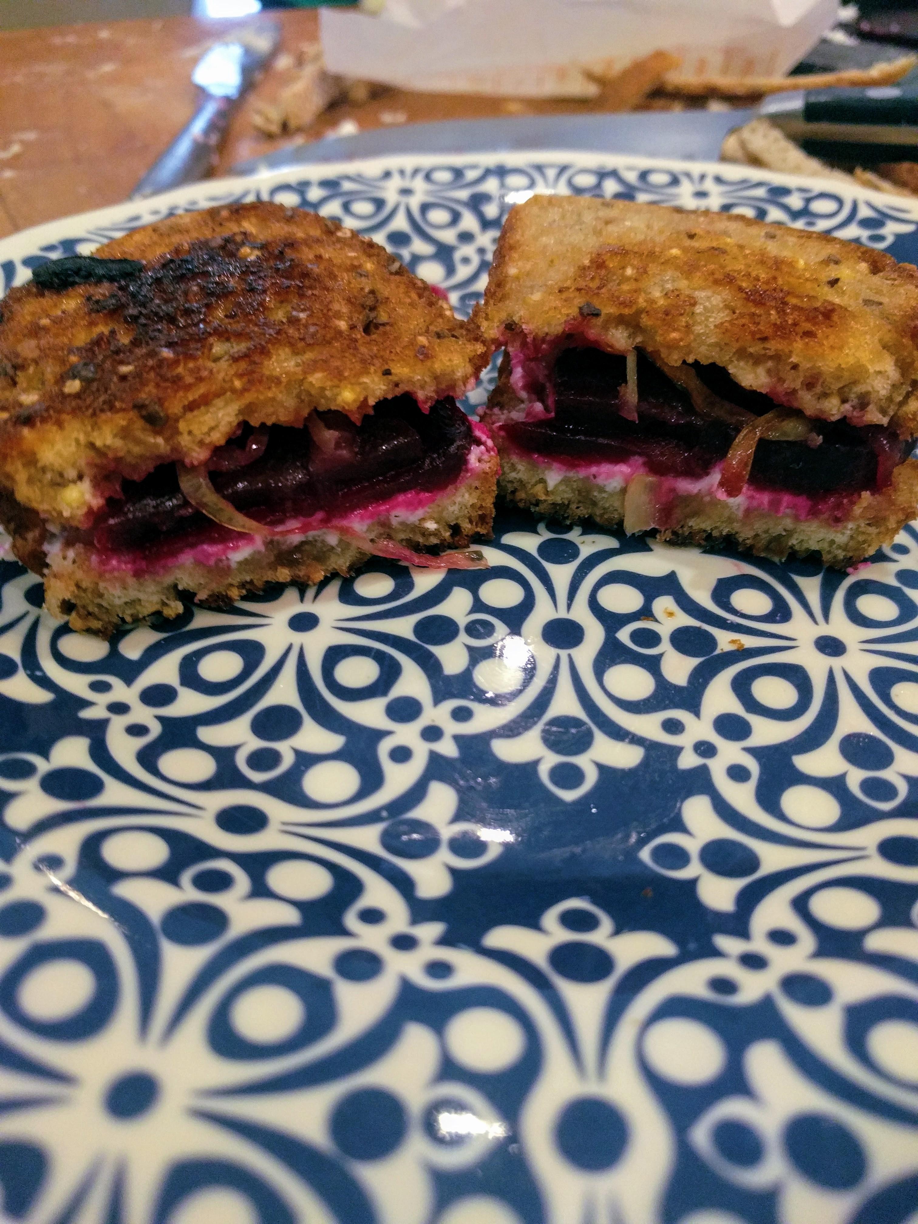 [homemade] roast beet Chevre Grilled cheese with honey and Caramelized