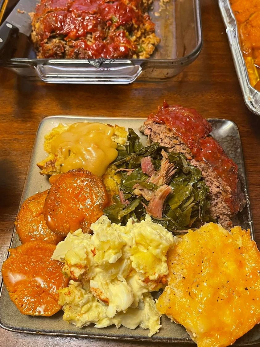 Meatloaf,mac n cheese,collard greens with smoked turkey, potato salad
