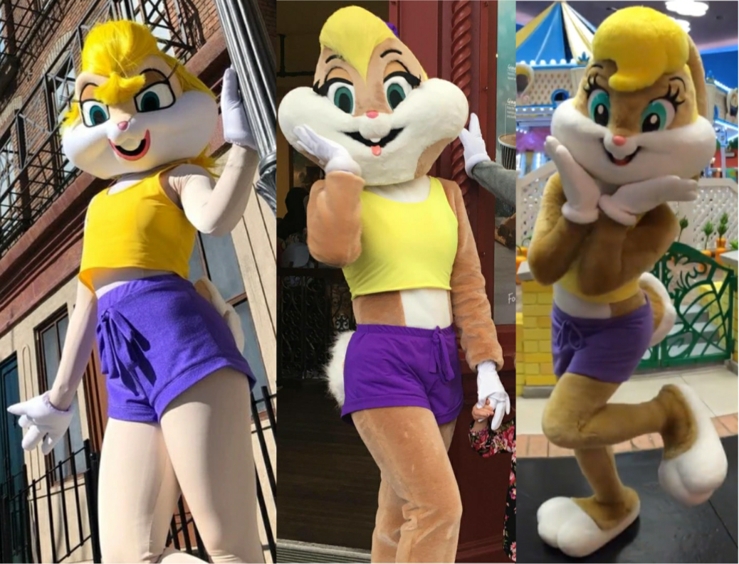 Three versions of the Lola Bunny Mascot Costumes in Theme Parks r