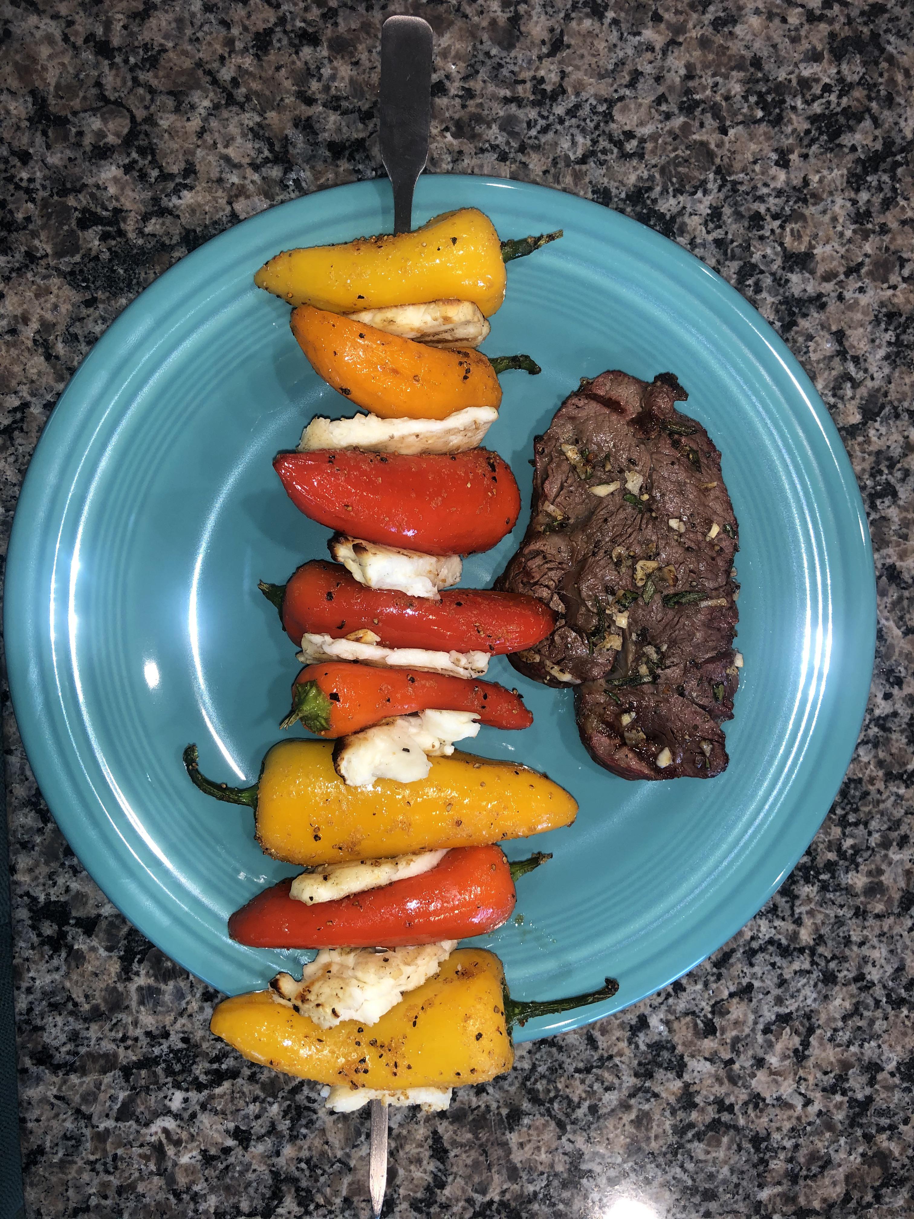 Filet with grilled halloumi and mini bell peppers r/Traeger