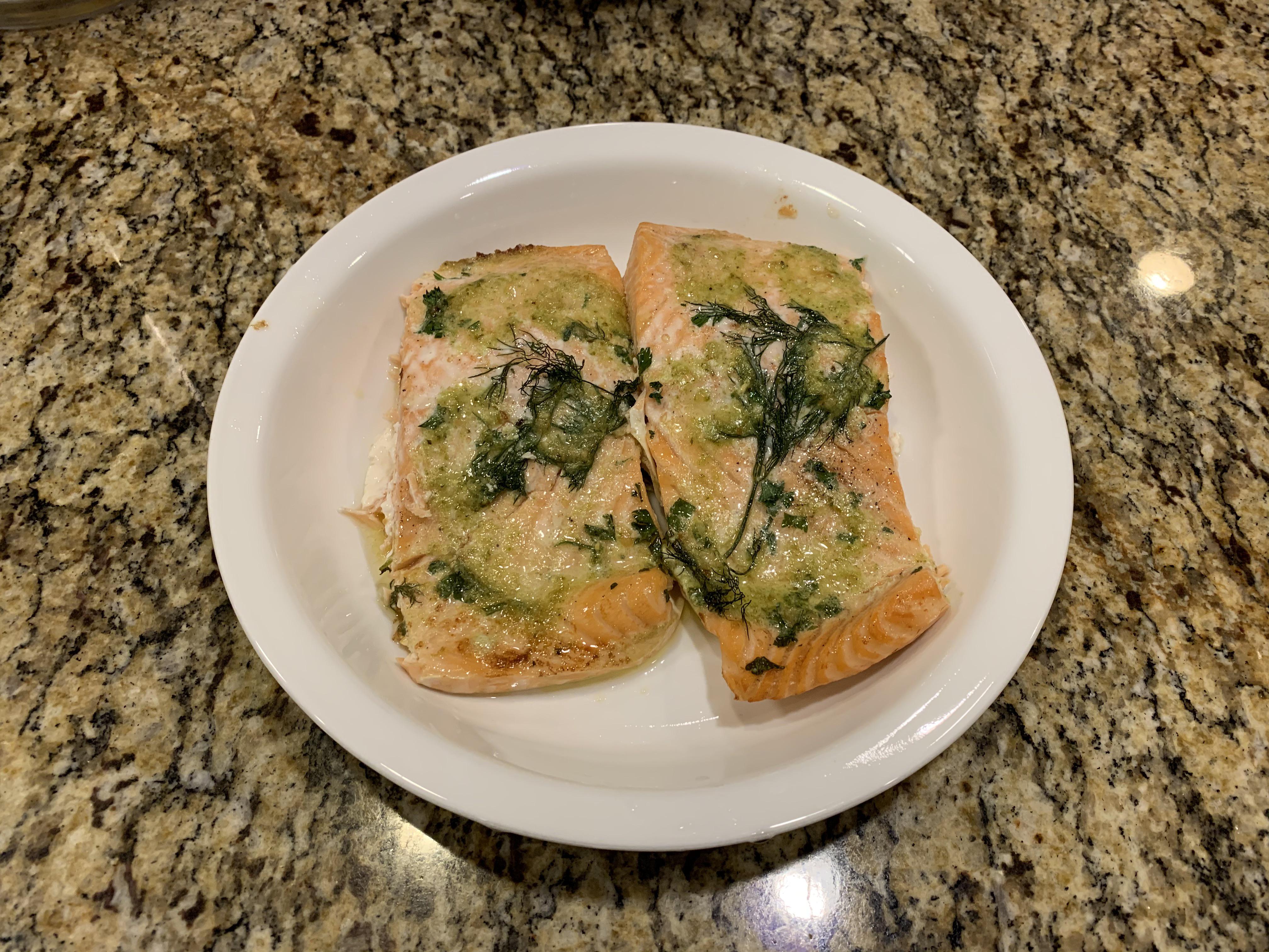 Salmon Milano with Basil Pesto Butter! r/Costco
