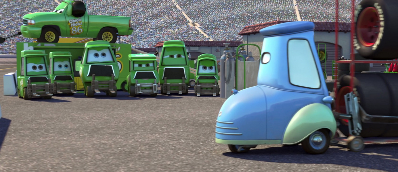 At the end of DisneyPixar's Cars (2006), we see that McQueen's new pit