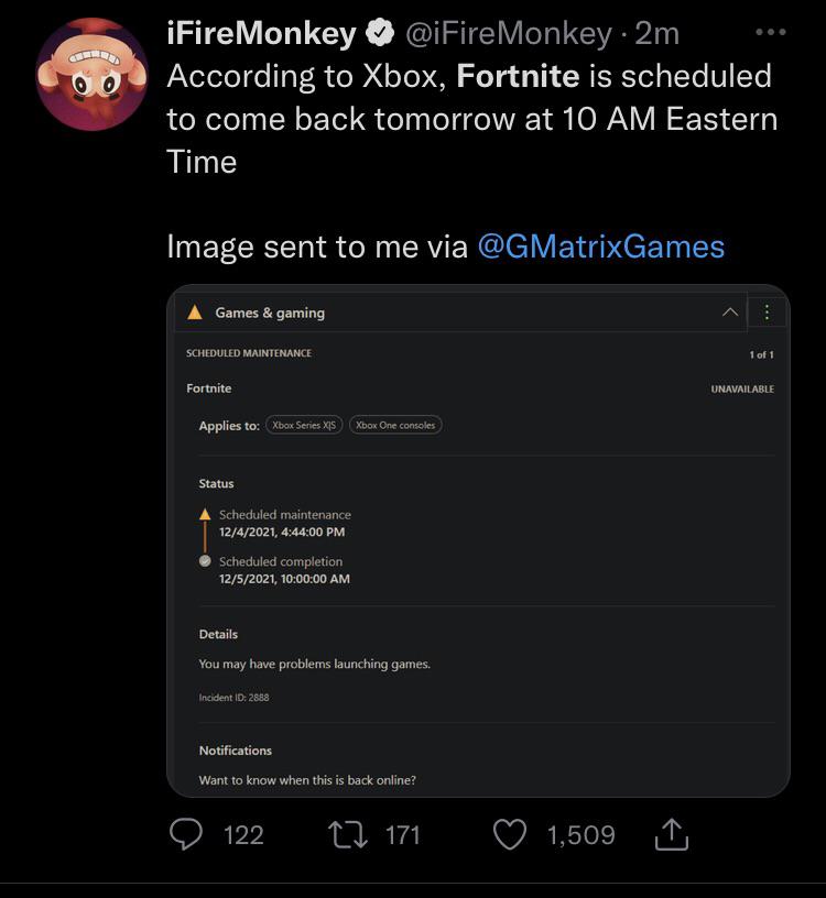 Speculated Downtime Till Chapter 3 (Via FireMonkey) r/FortniteLeaks