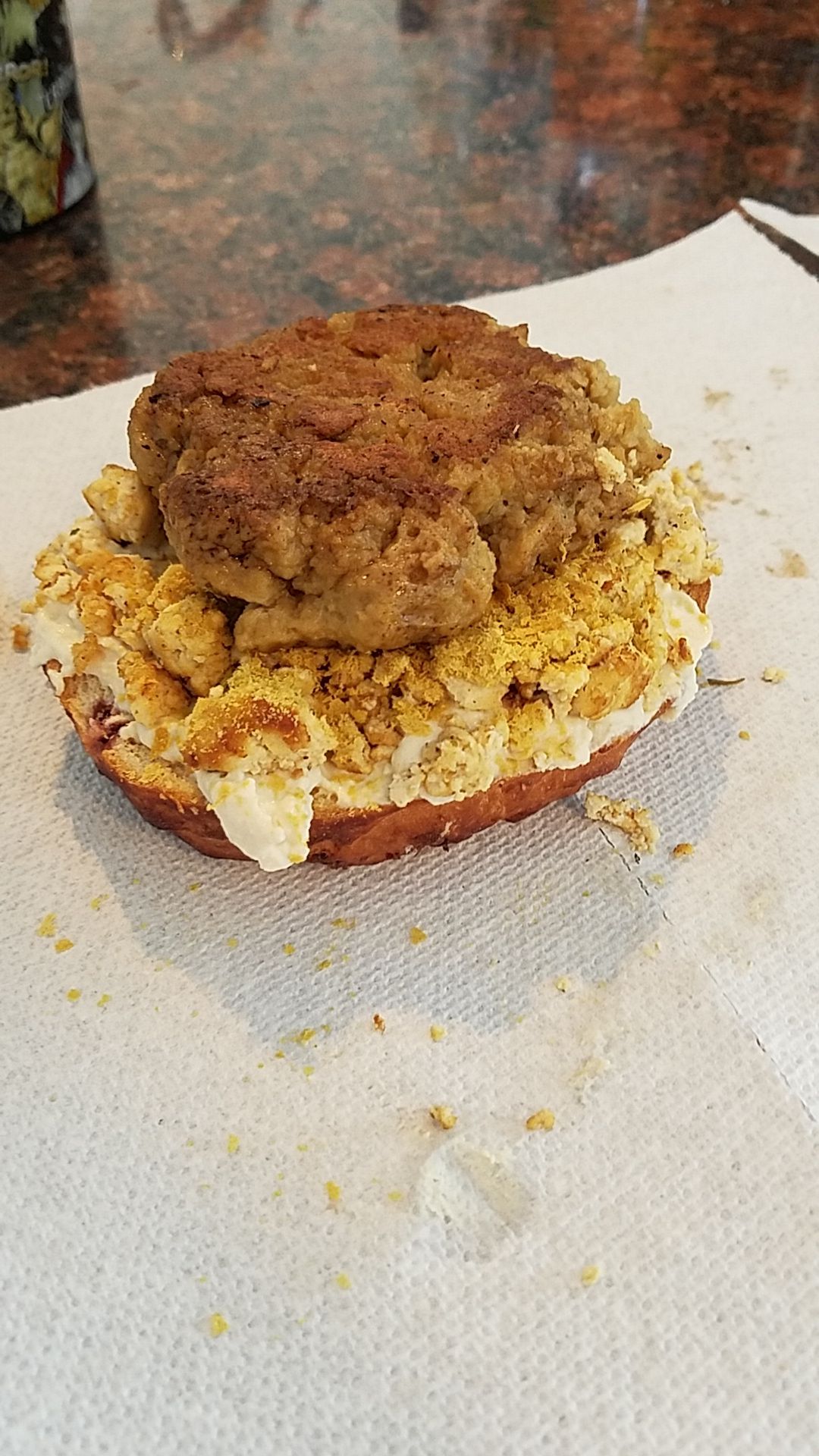 Sausage egg and cheese bagel (seitan, tofu scramble, and tofu cream