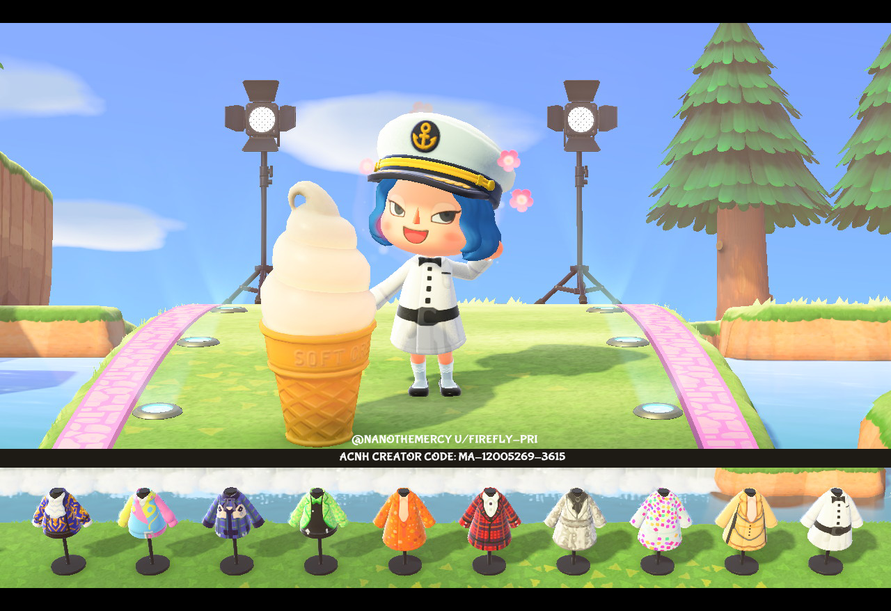 I recreated all of Gigi's entrance and runway looks in Animal Crossing thus far! Design codes in