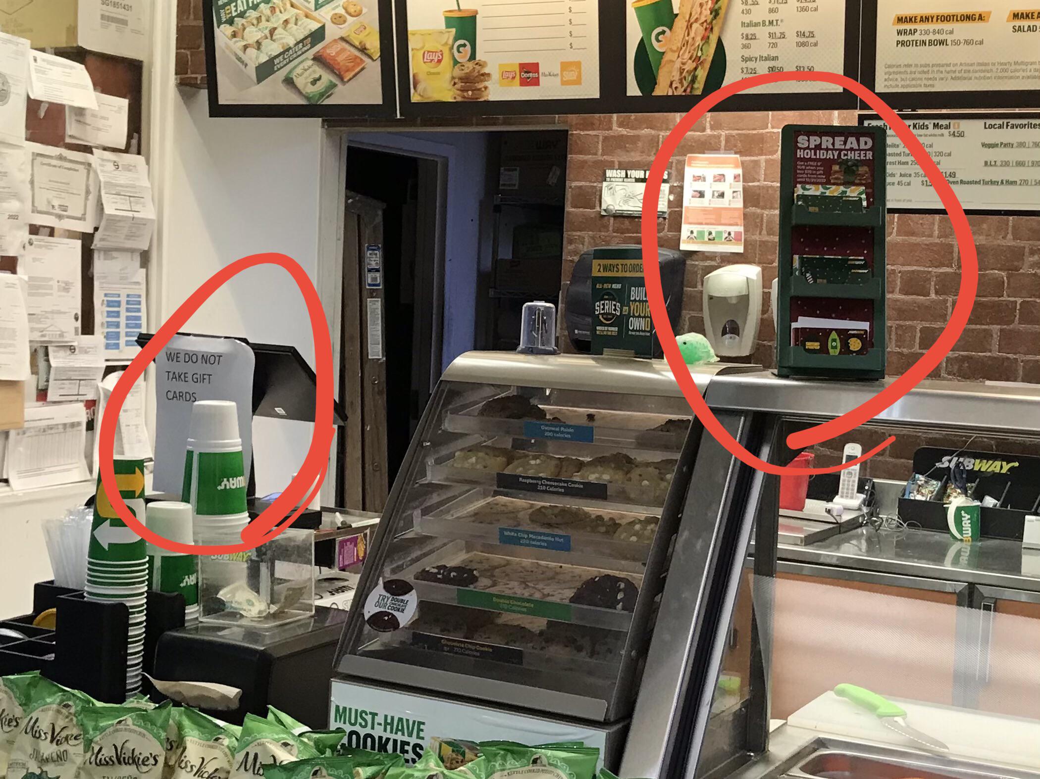 This Subway sells gift cards—but does not actually accept gift cards