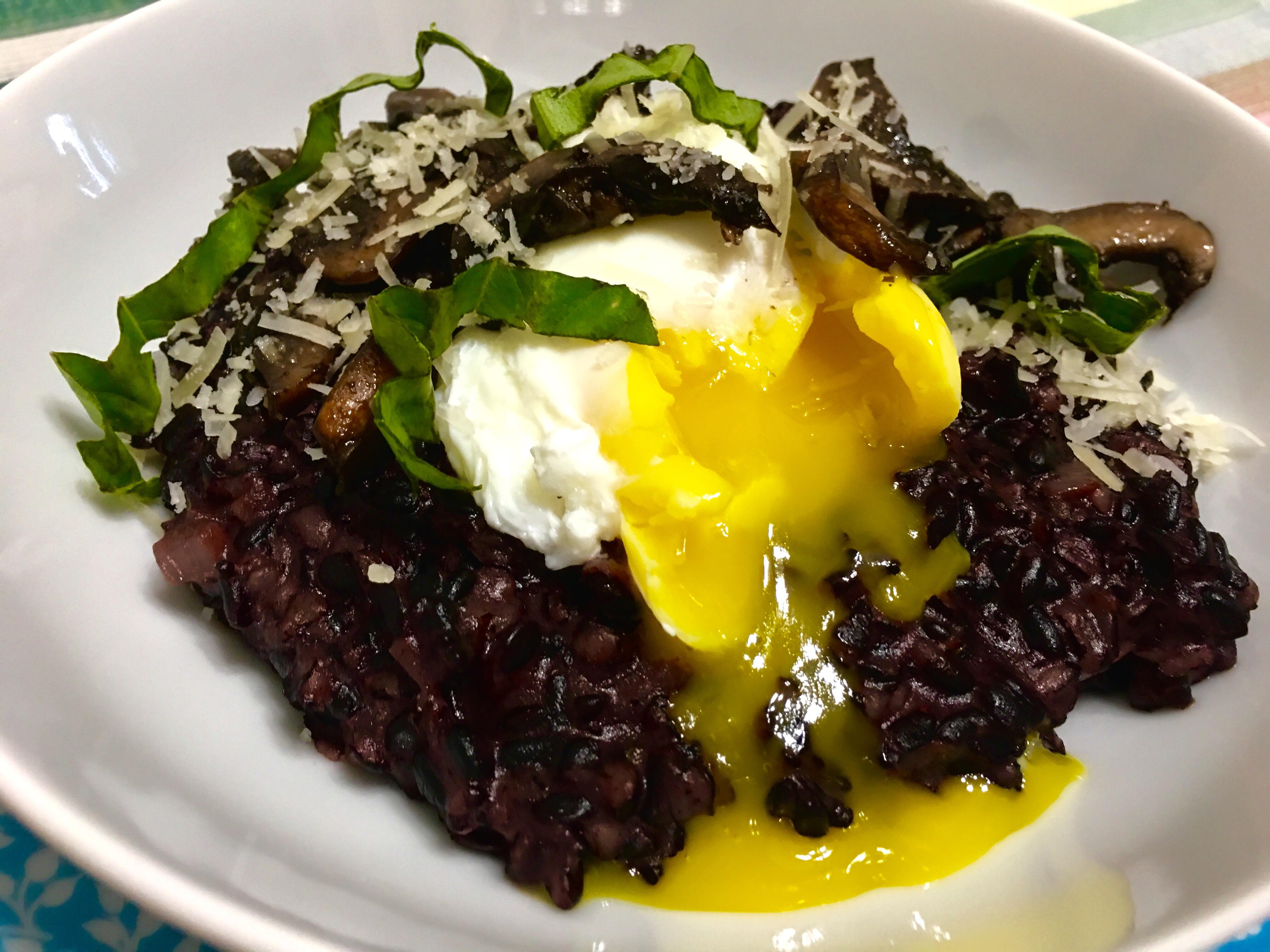 Black Forbidden Rice Risotto with Poached Egg, Mushrooms, Basil