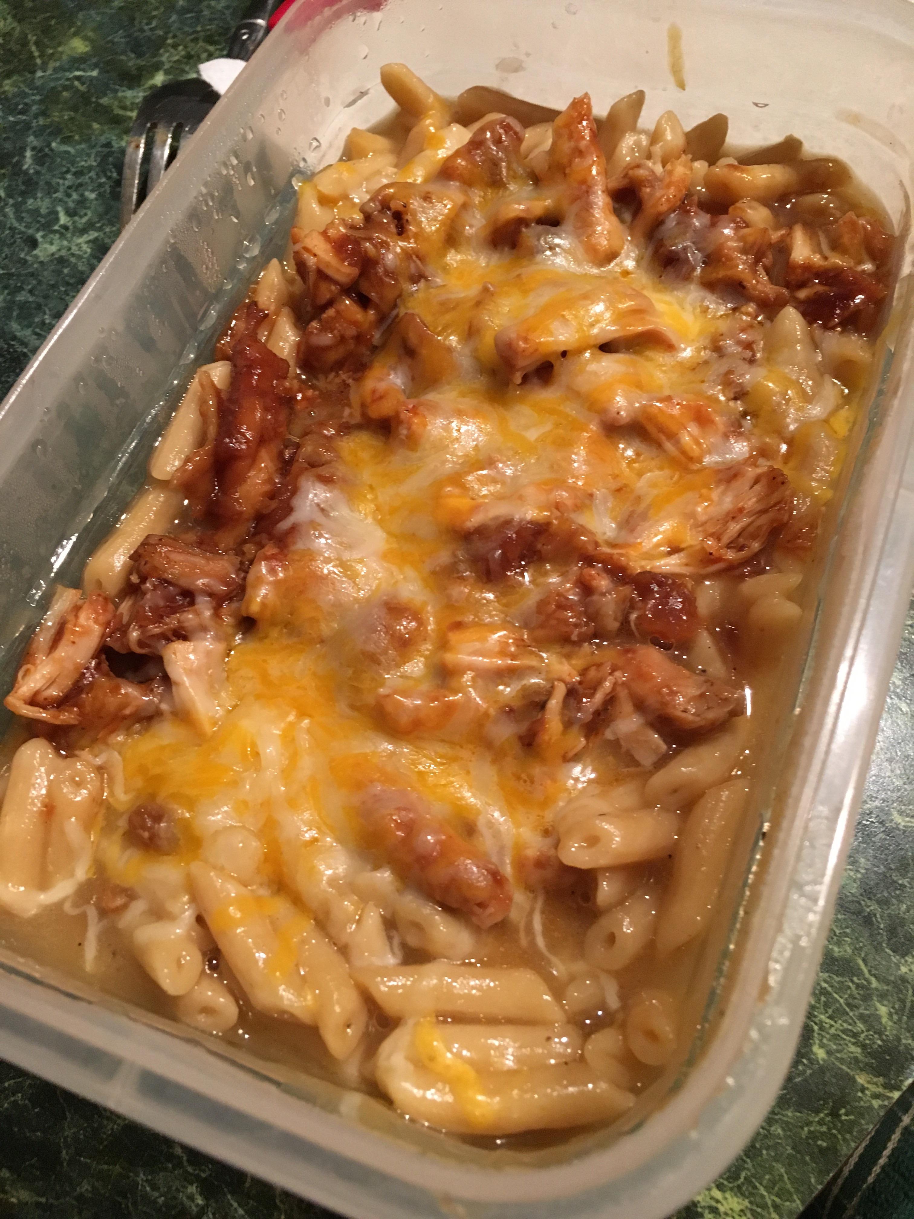 Leftover cleanup with 1 minute ready pasta, gravy, bbq chicken and