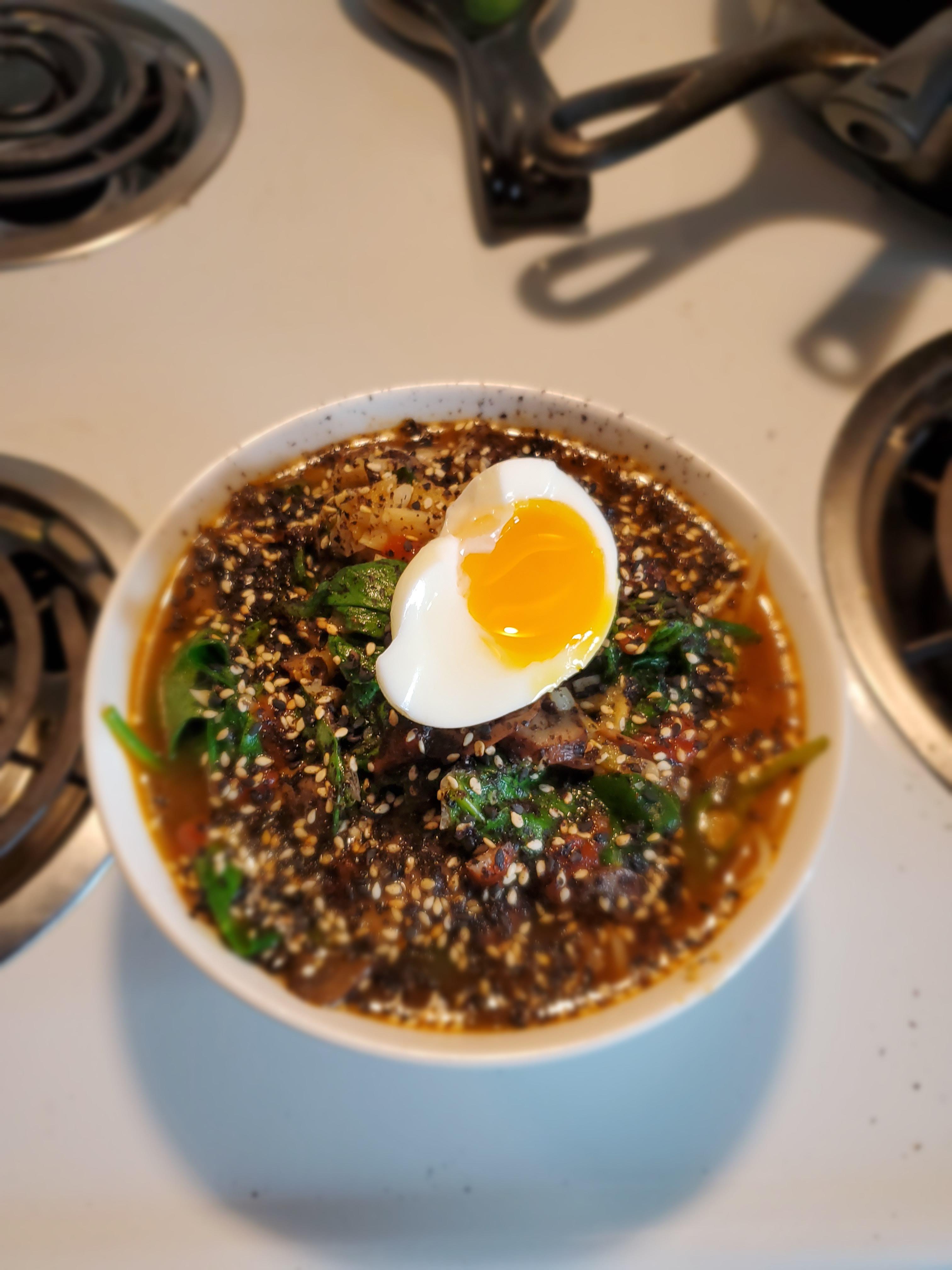 Mushroom & Spinach Ramen with SoftBoiled Eggs and Furikake [Marley