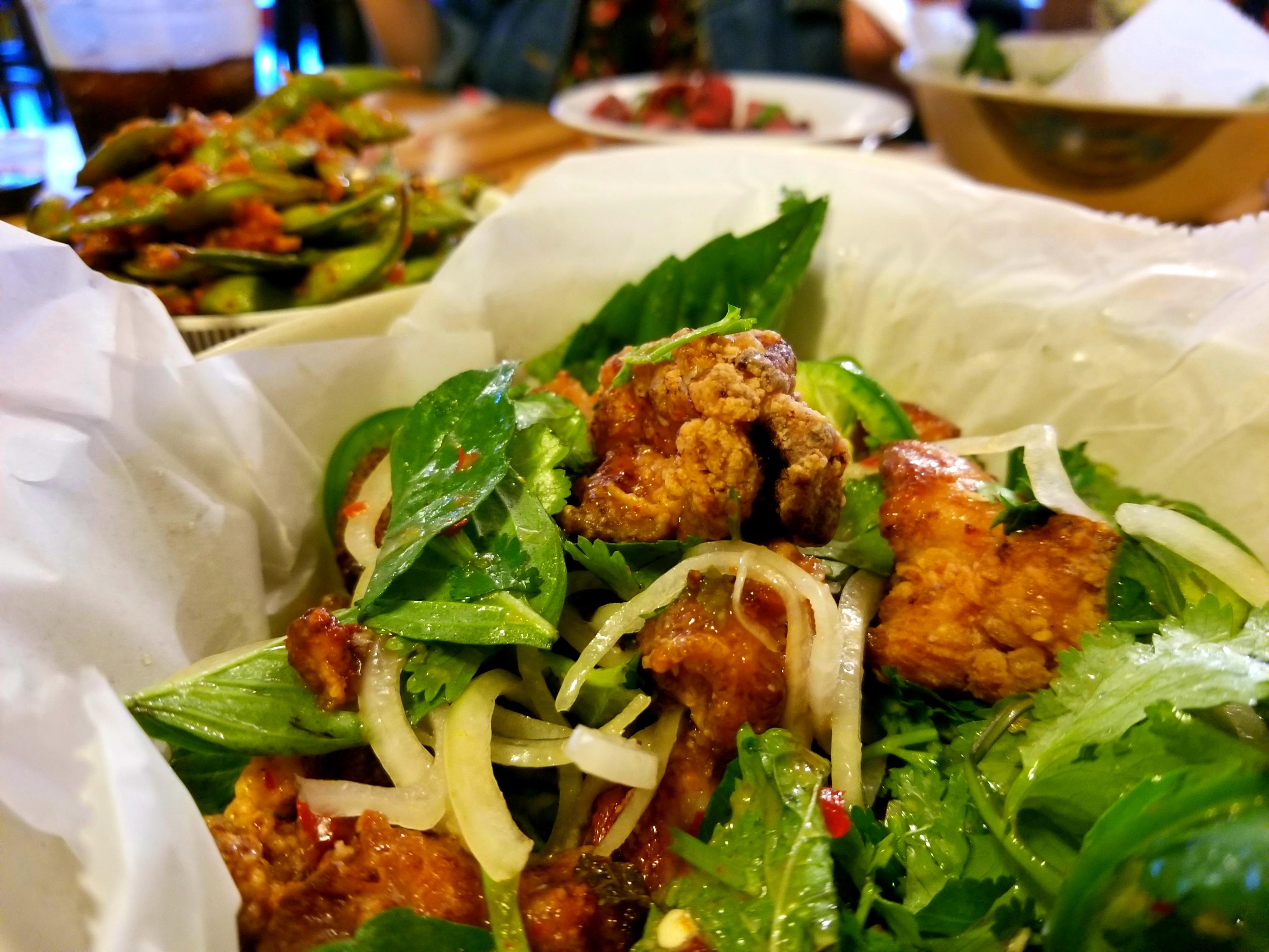[I Ate] Buttermilk fried chicken Asian fusion salad and chili edamame