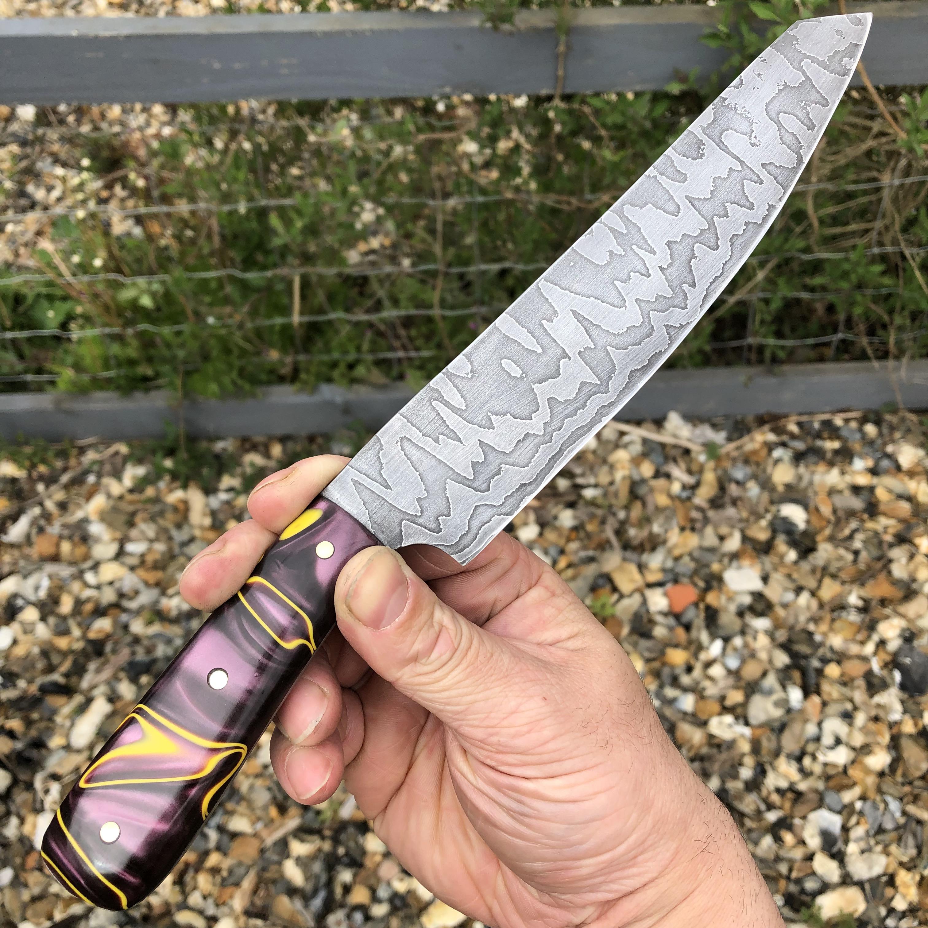 My first Damascus chef knife, 13 layers of 15N20 and 80CrV2. 190mm