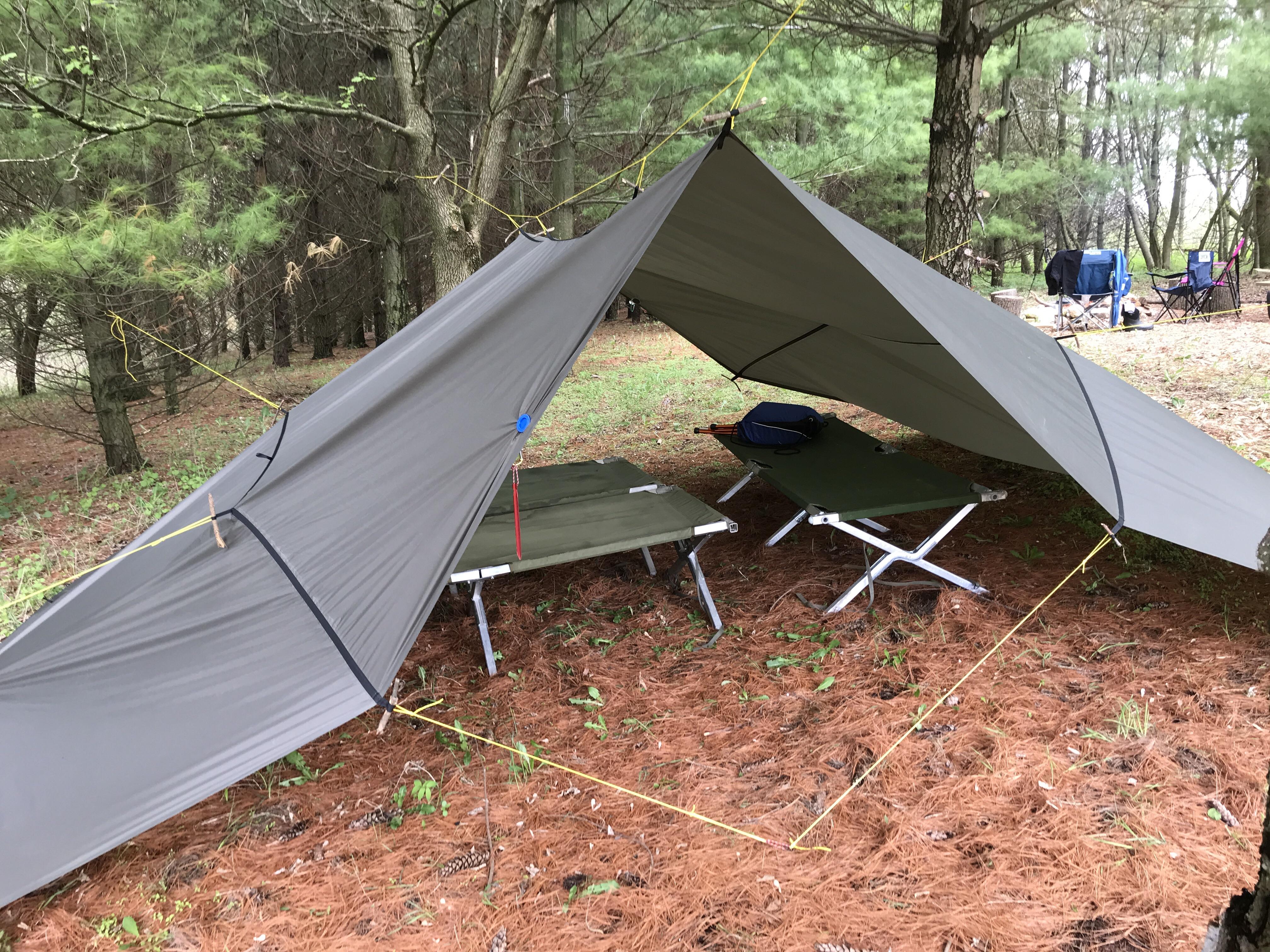 Testing tarp camping for car camping. Aquaquest 20x13 with surplus cots