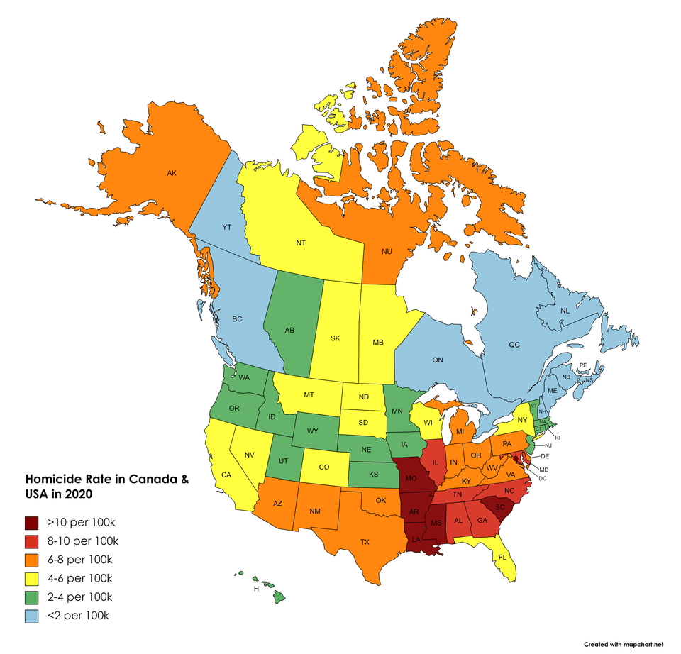 Taux d'homicides au Canada et aux ÉtatsUnis. Le Québec est dans la