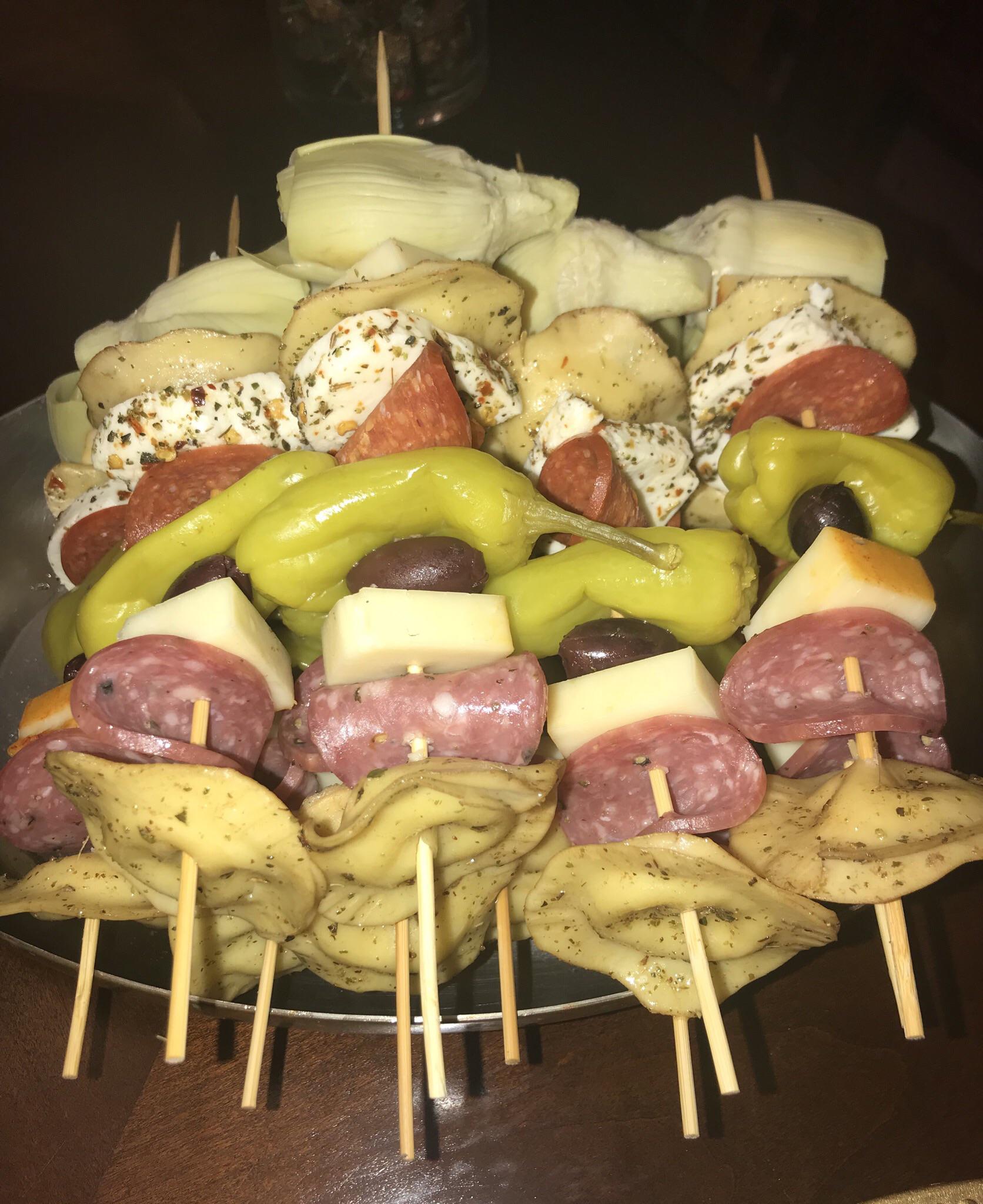 [Homemade] Antipasto Skewers. Mozzarella ravioli, black pepper salami