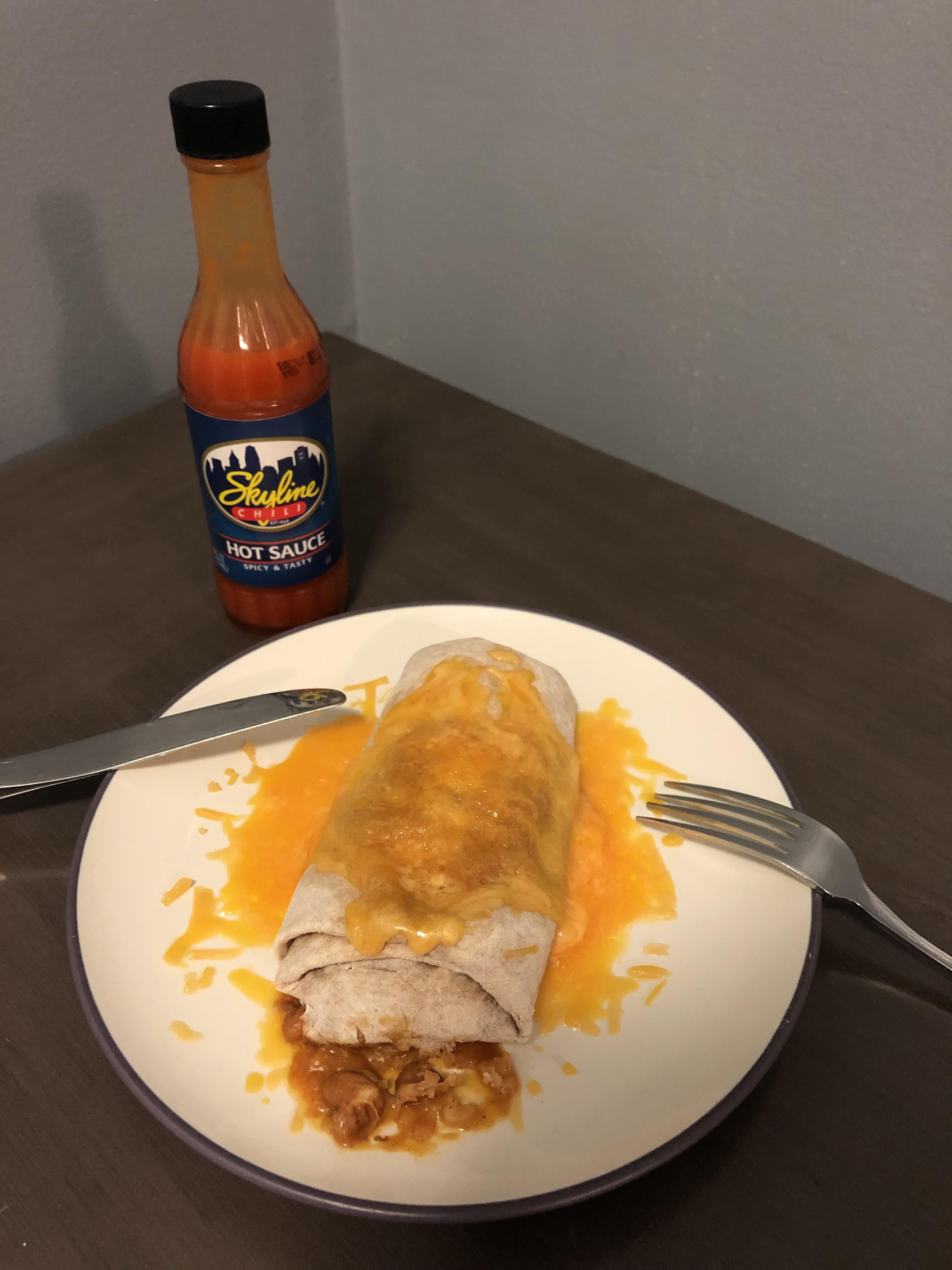 420 calories and 18g protein Amy’s cheddar cheese, bean, and rice