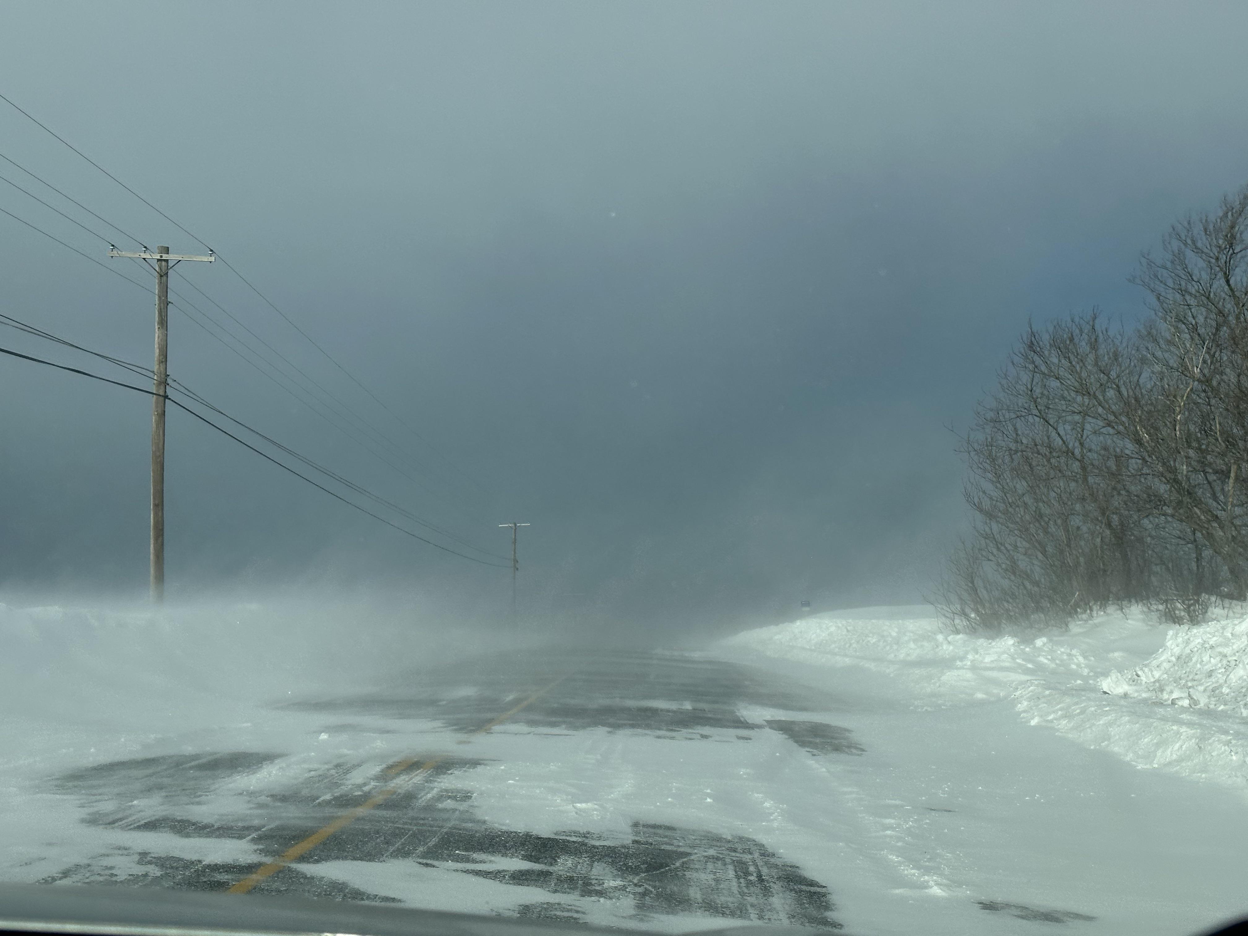 Blowing snow on route 1A in between Limestone and Fort Fairfield on 2/3/23. Temperature was 10