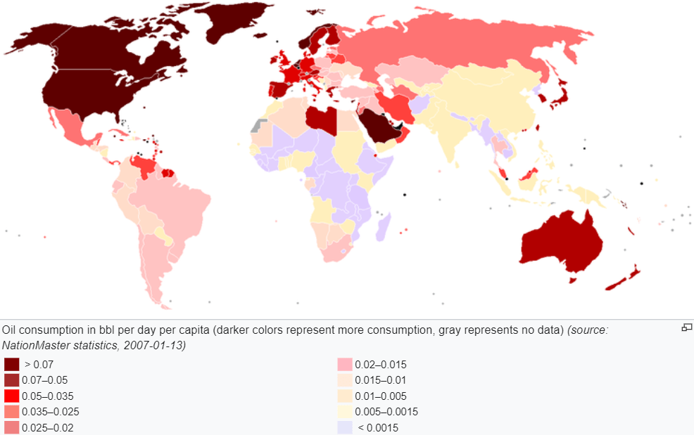 Global daily oil consumption in barrels per person, 2007 r/MapPorn