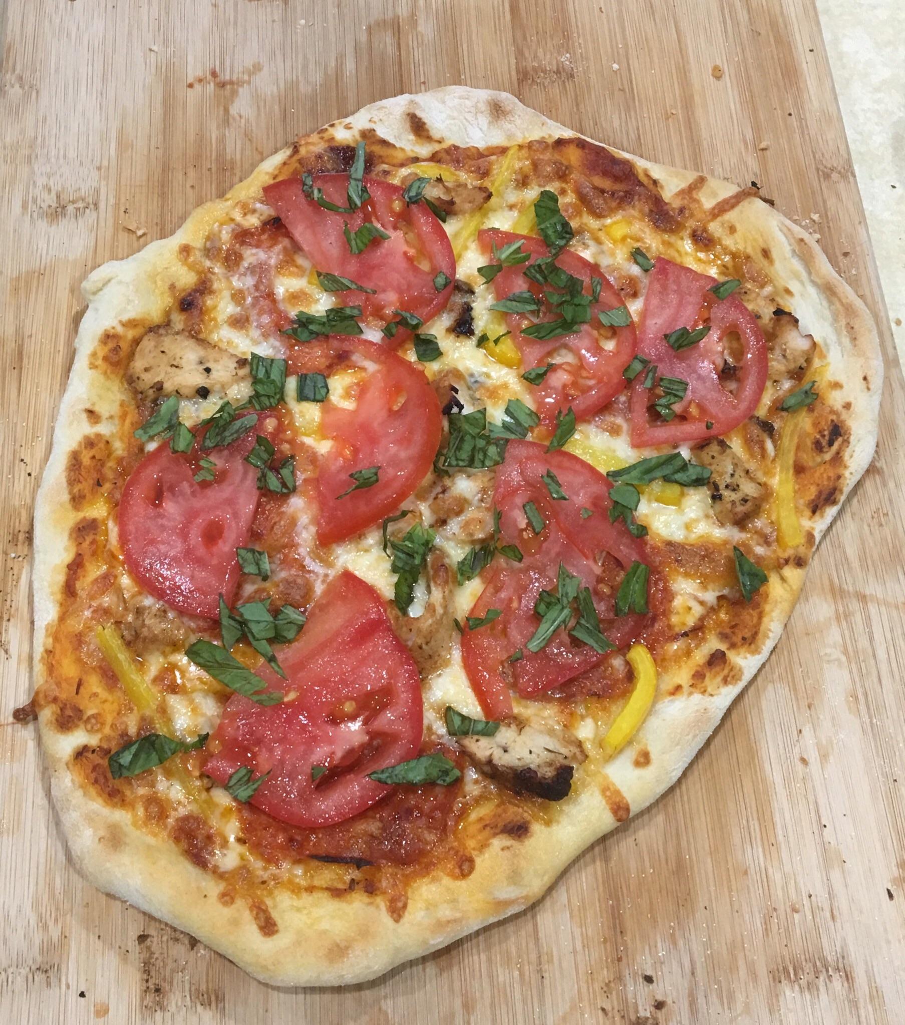 Barbecue chicken, pepperoni, bell pepper, tomato and basil r/Pizza