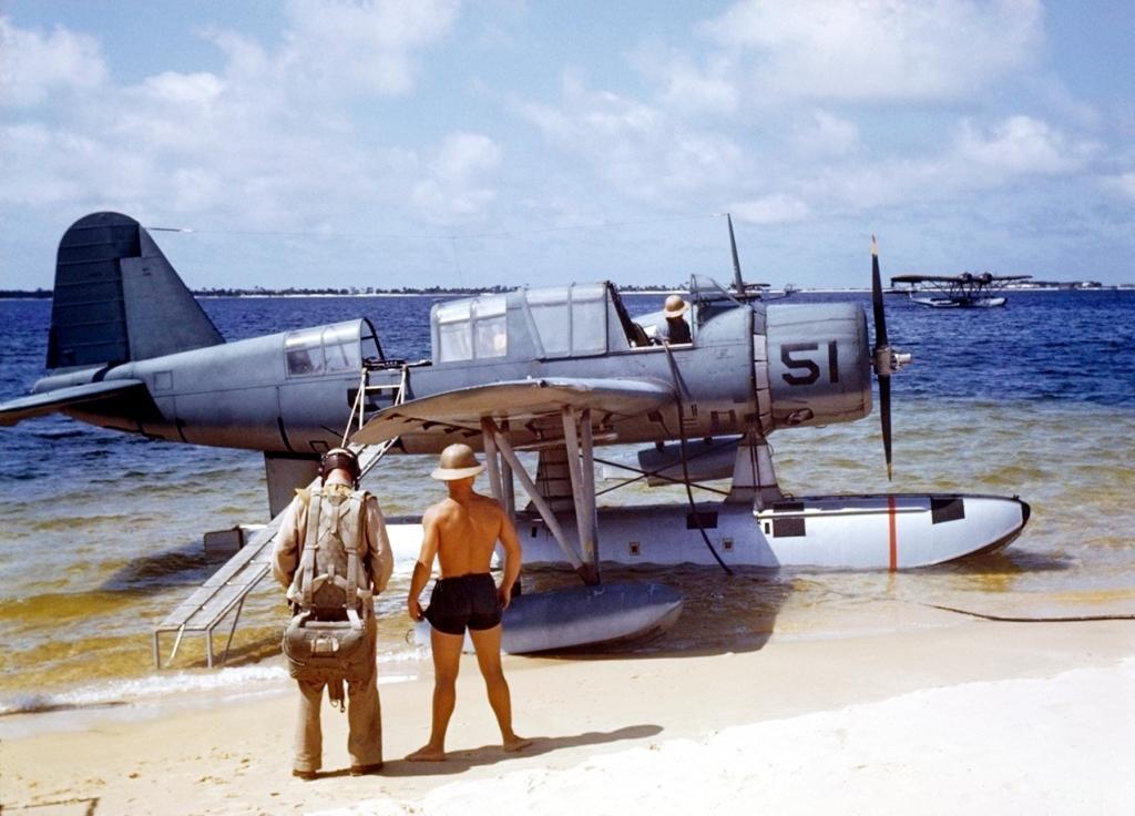 OS2U Kingfisher floatplane at the edge of the seaplane ramp at NAS