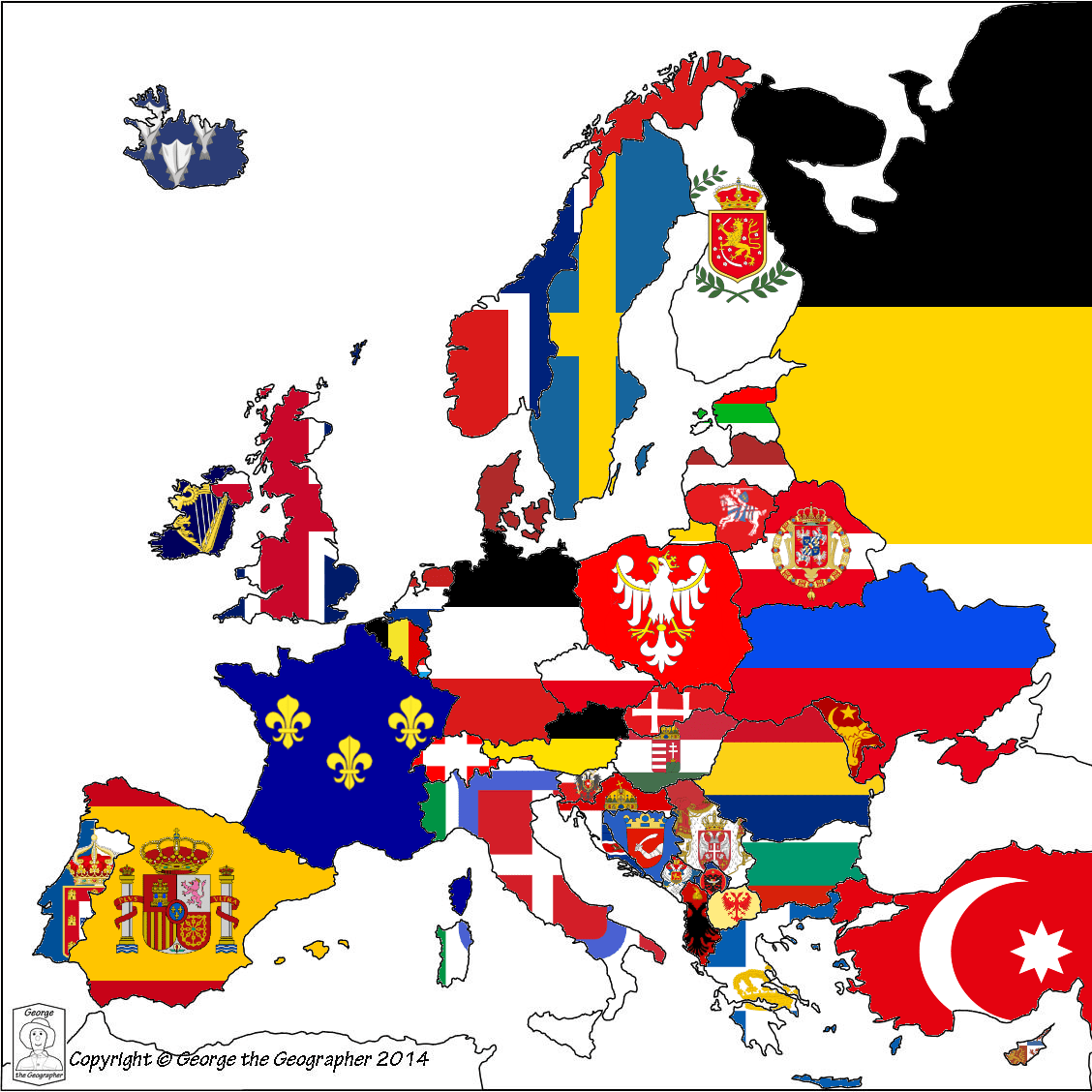 Flags of Europe if every country was still a monarchy r/vexillology