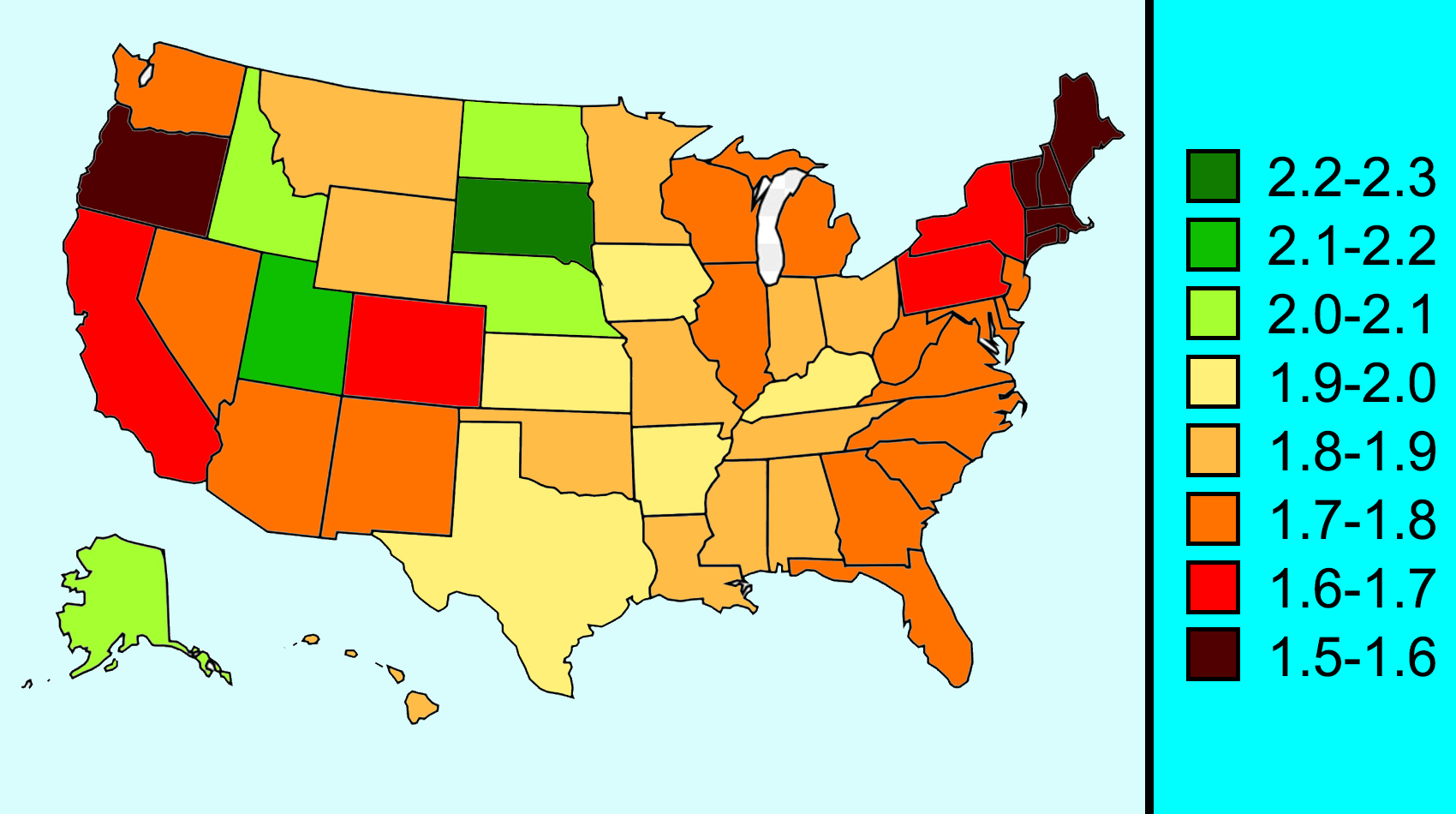 US fertility rate by state (2017 update) r/MapPorn