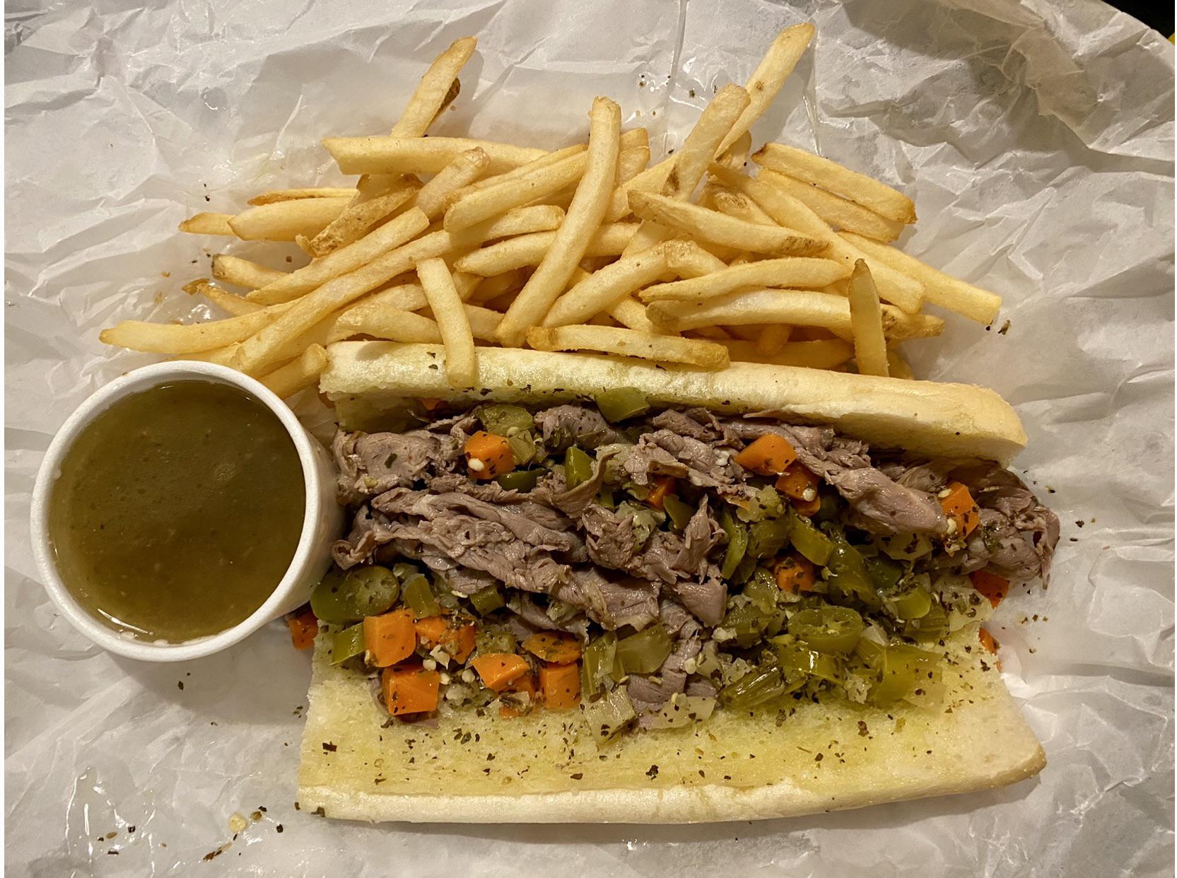 [I ate] Italian Beef with Hot Giardiniera , Au Jus , and Fries . r/food