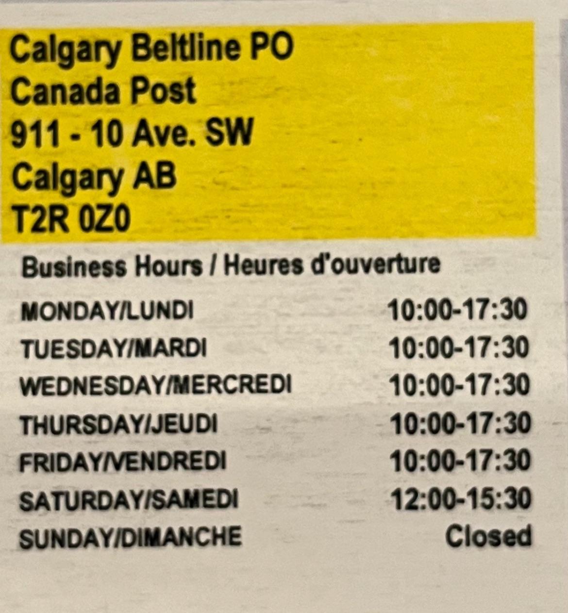 Canada Post hours r/Calgary