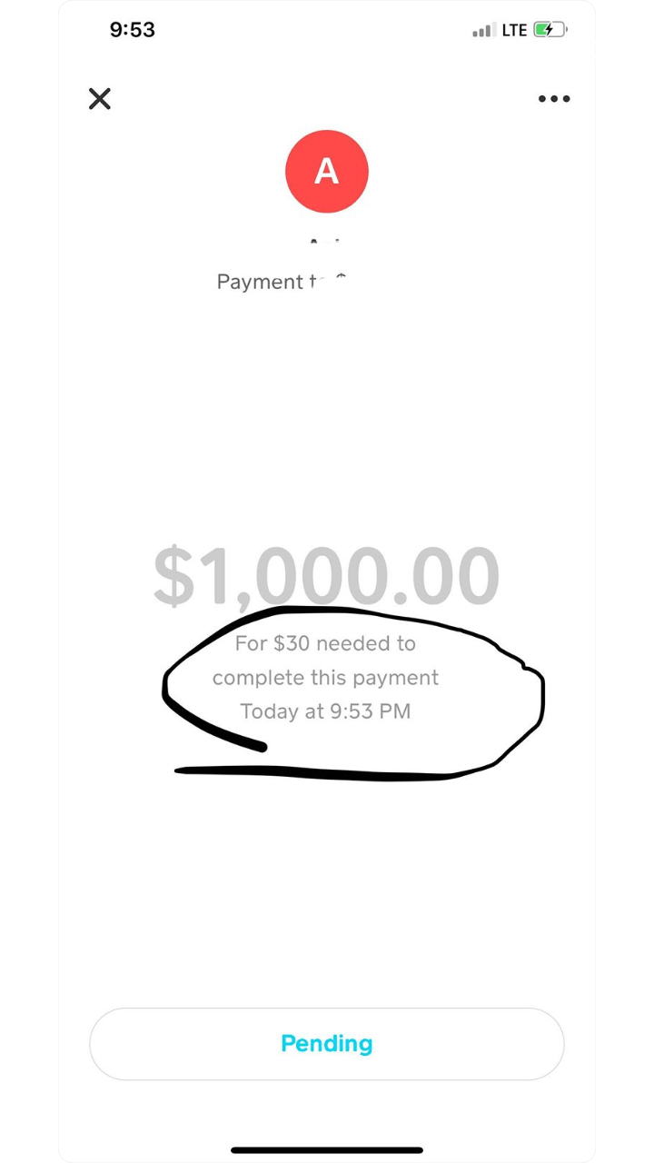 "For 30 needed to complete this payment" of 1,000 to my friend r