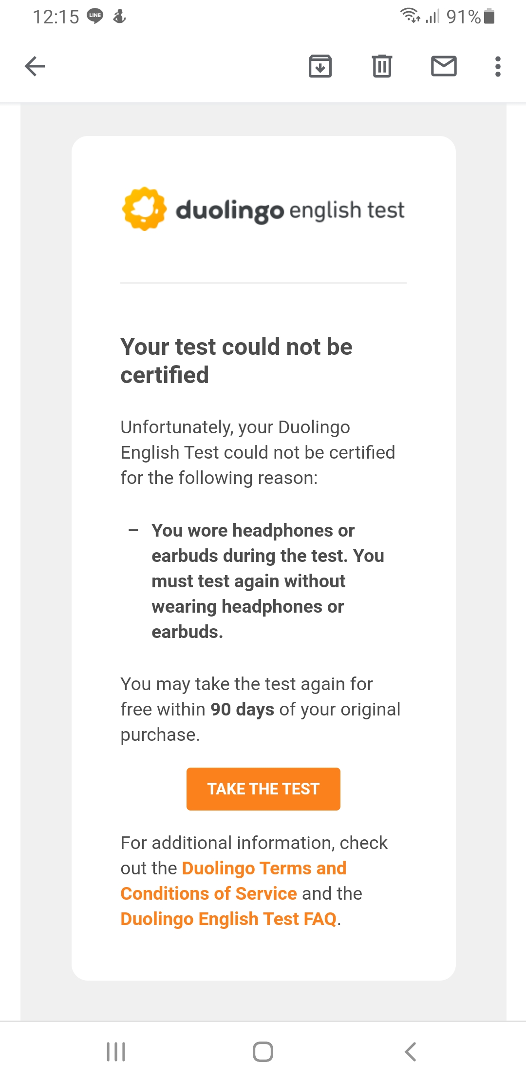 I got result from my duolingo english test,It said my test can't be