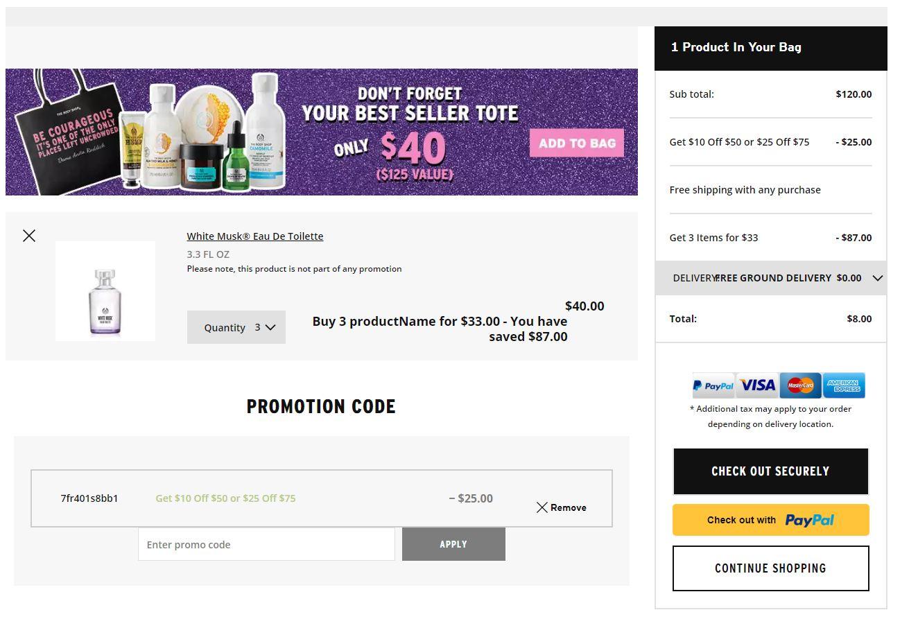 The Body Shop 3 for 33 deal plus the discount code yields 8! (My 3