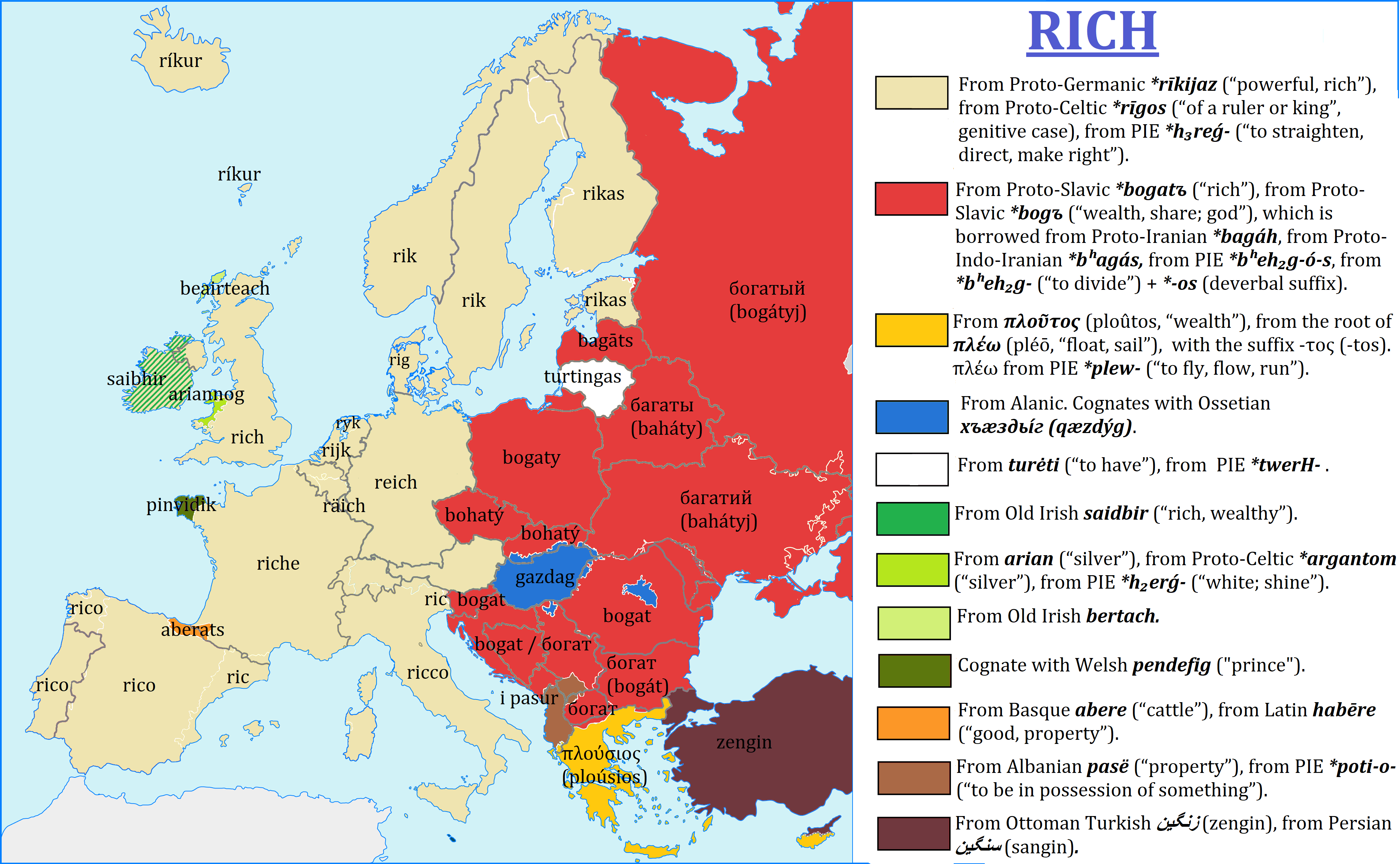 Etymology map for the word "RICH" r/etymologymaps