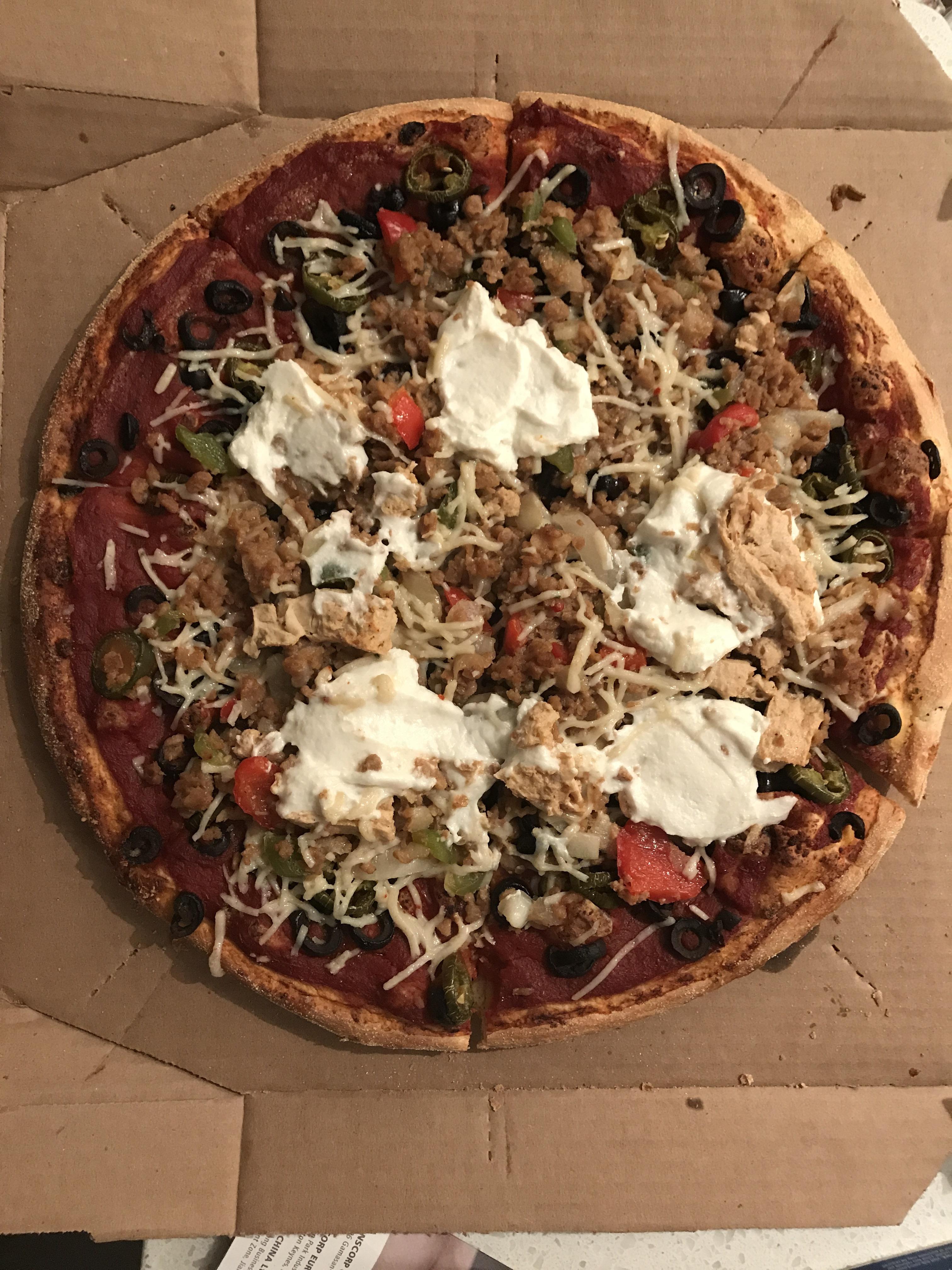 Ugly but delicious. I veganized a Dominos pizza. Started with the crust