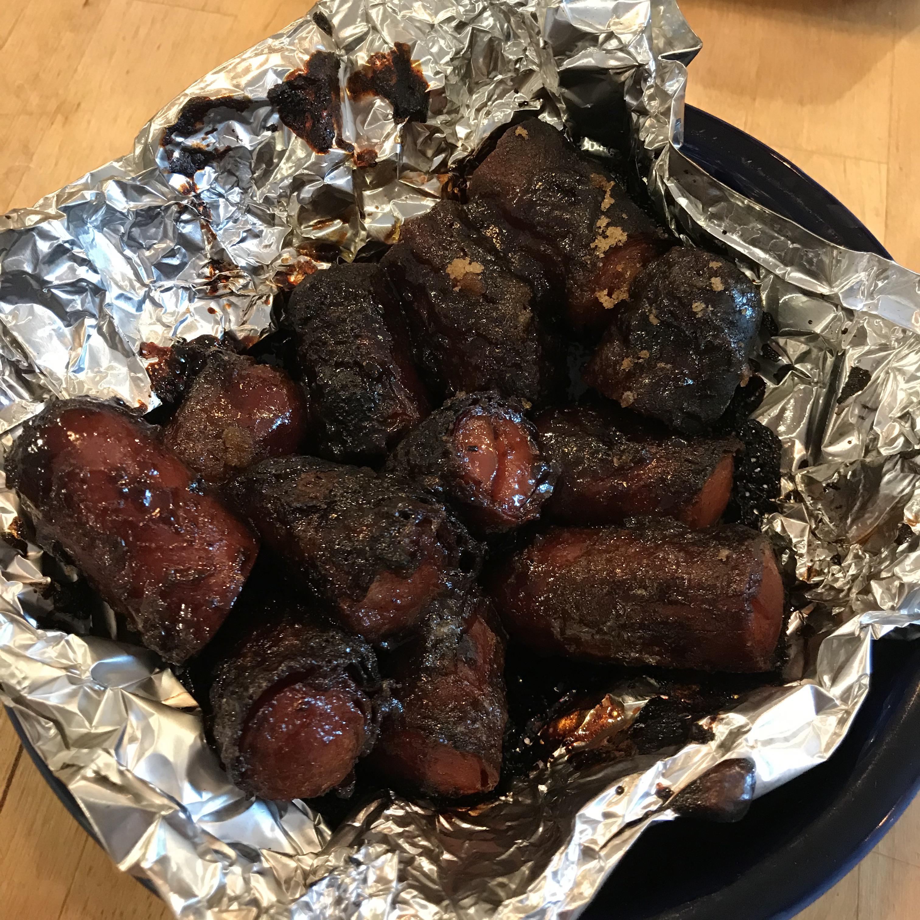 Hot dog burnt ends hickory smoke, brown sugar rub, mustard, and bbq