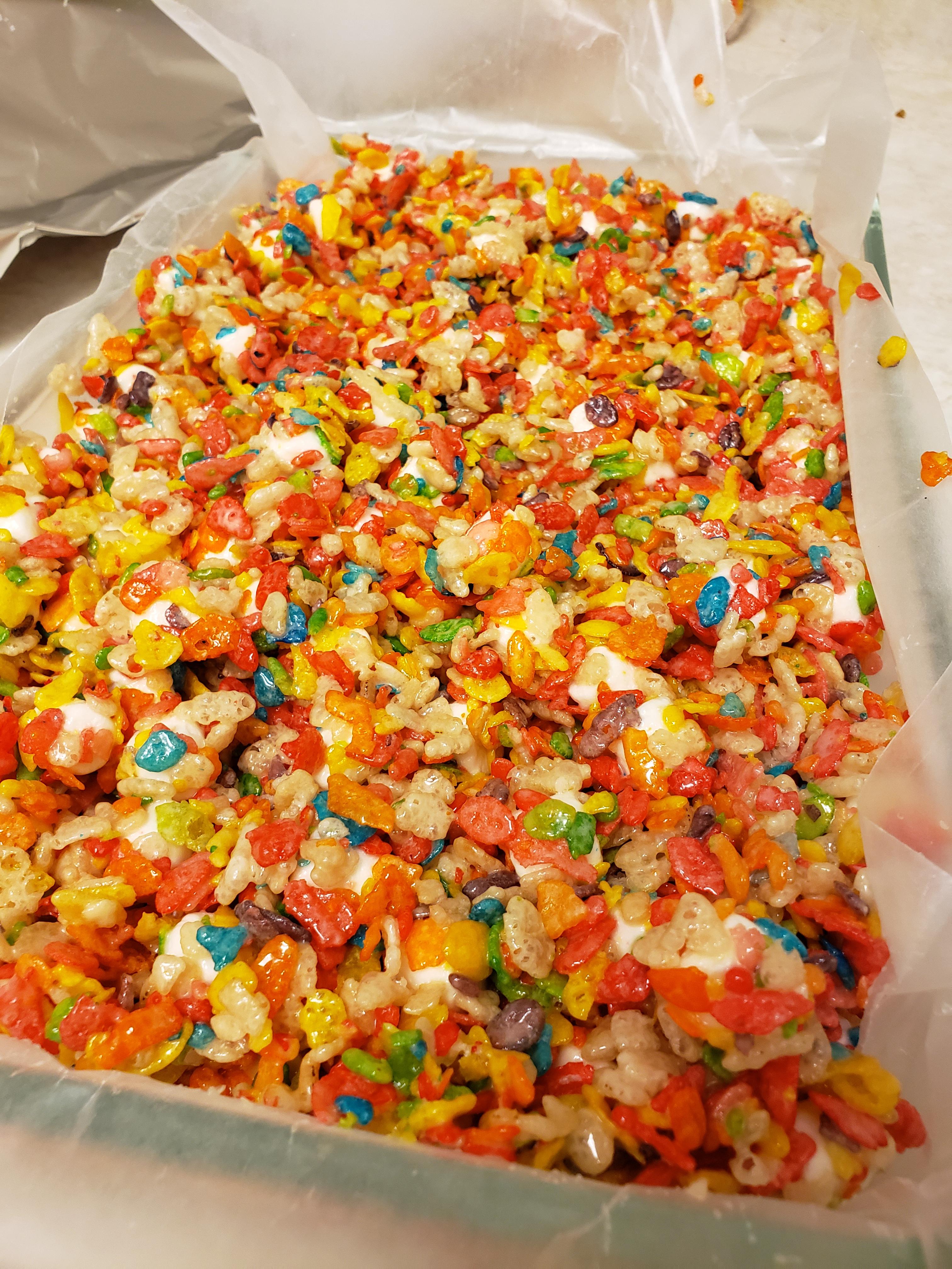 Edible fruity pebble rice krispie treats! Made with concentrate this