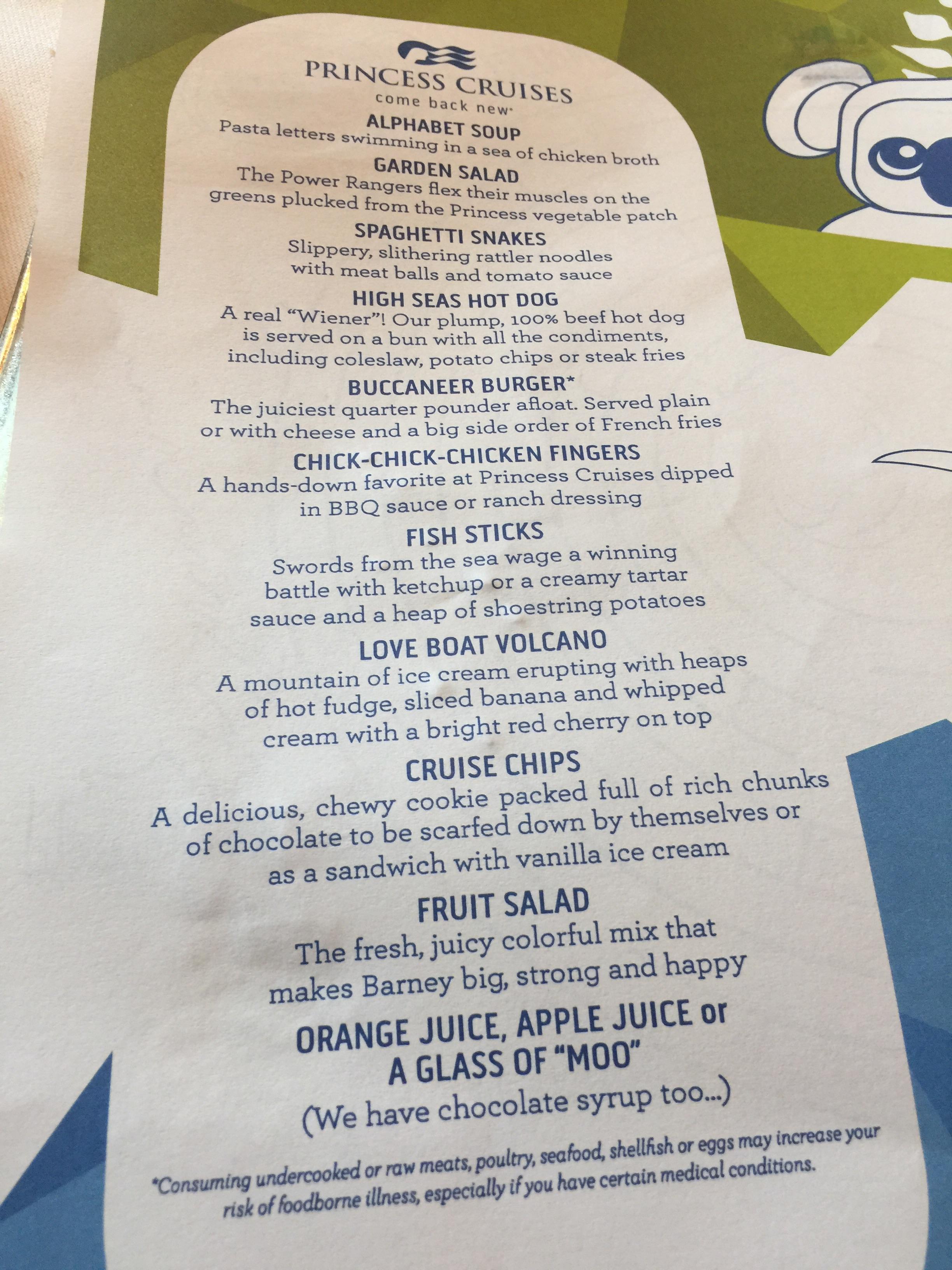 Here’s Sapphire Princess children’s menu for mdr r/Cruise