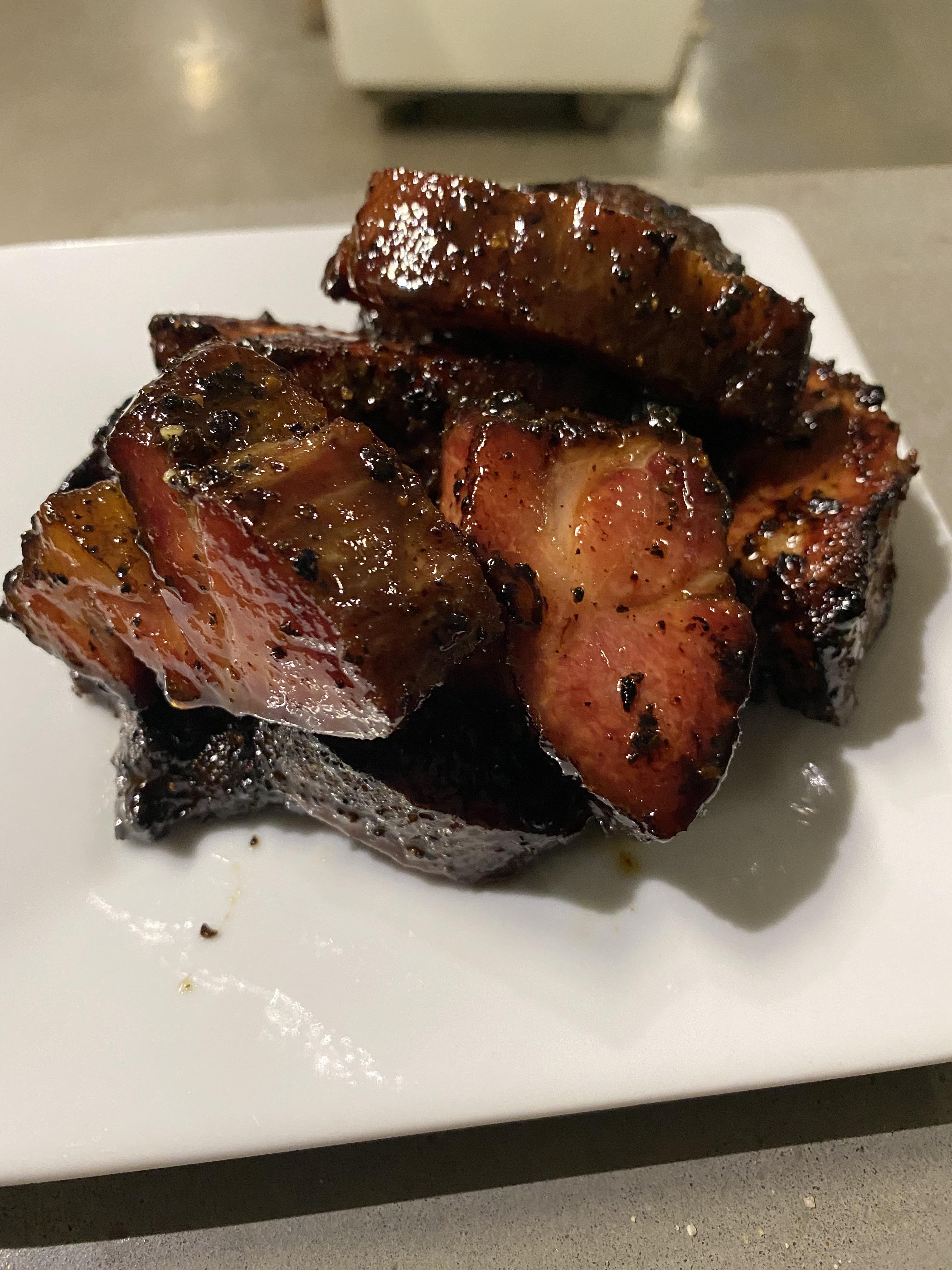 Pork shoulder “burnt ends”...boneless butt split into strips and cooked