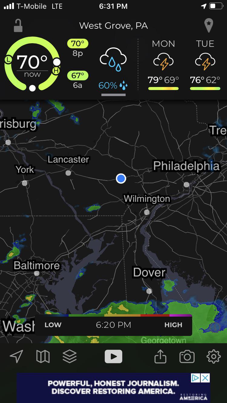 It’s been raining for hours in Coatesville PA with the radar looking