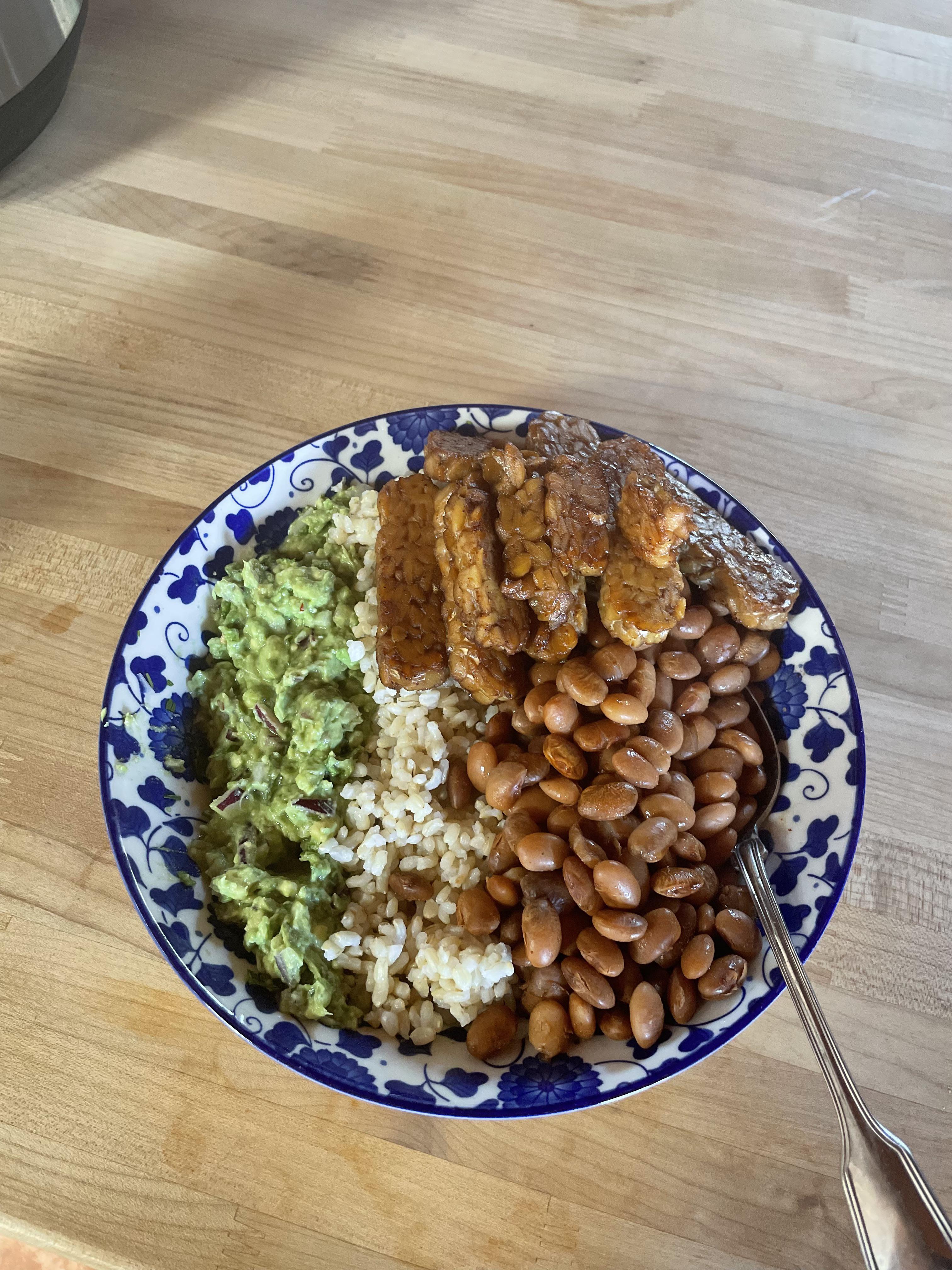 Bodybuilding style meal for vegans. Tempeh, pinto beans, brown rice